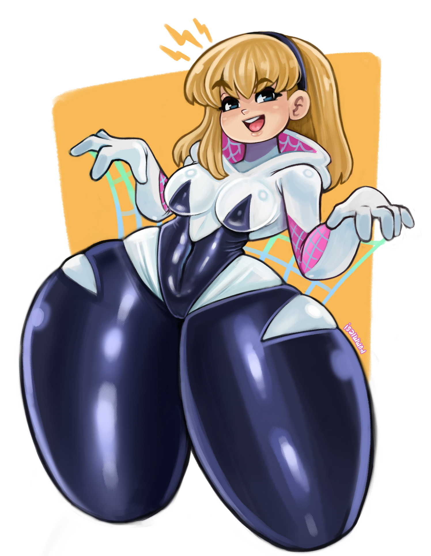 1girls, blonde hair, blue eyes, bodysuit, bottom heavy, costume, female, female only, gwen stacy, hairband, happy, hi res, huge thighs, looking at viewer, marvel, marvel comics, medium hair, open mouth, pummies, smiling, smiling at viewer, solo, spider-gwen, spider-man (series), thick thighs, wide hips