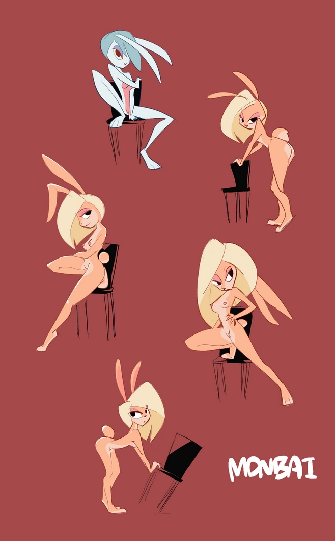 3_toes anthro black_eyes blonde_hair breasts chair eyelashes female fur ginny grey_hair hair hare lagomorph long_legs looking_at_viewer mammal monbai multiple_poses nude pose rabbit red_background red_eyes retro_artstyle retro_artstyle_(western) short_hair signature simple_background solo stylized tan_fur tiara_wineheart toes white_fur