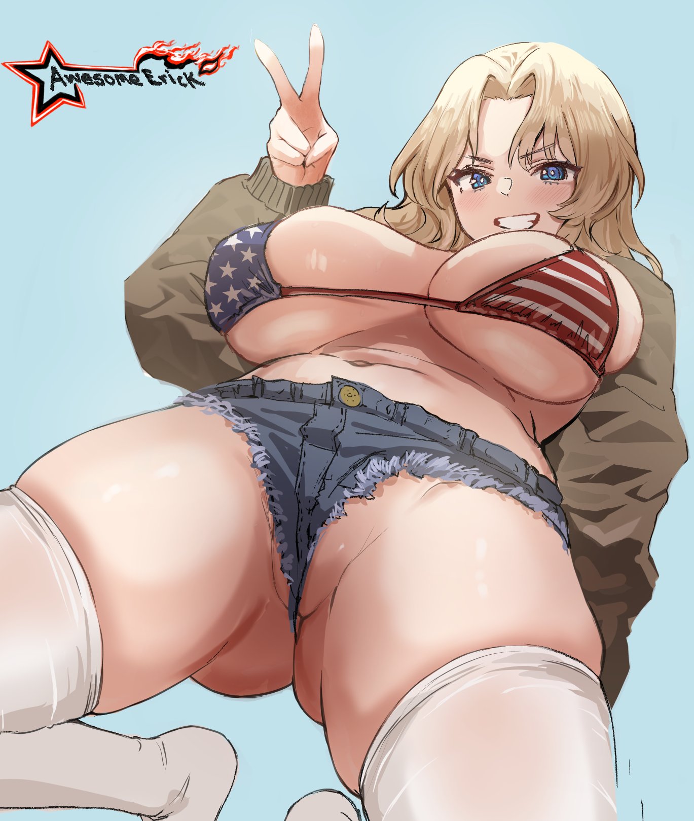 1girls, american flag bikini, ass, ass visible through thighs, awesomeerix, breasts, cameltoe, female, female focus, female only, girls und panzer, kay (girls und panzer), large ass, large breasts, light skin, light-skinned female, looking at viewer, pussy, solo, thick thighs, thighhighs, thighs, wide hips