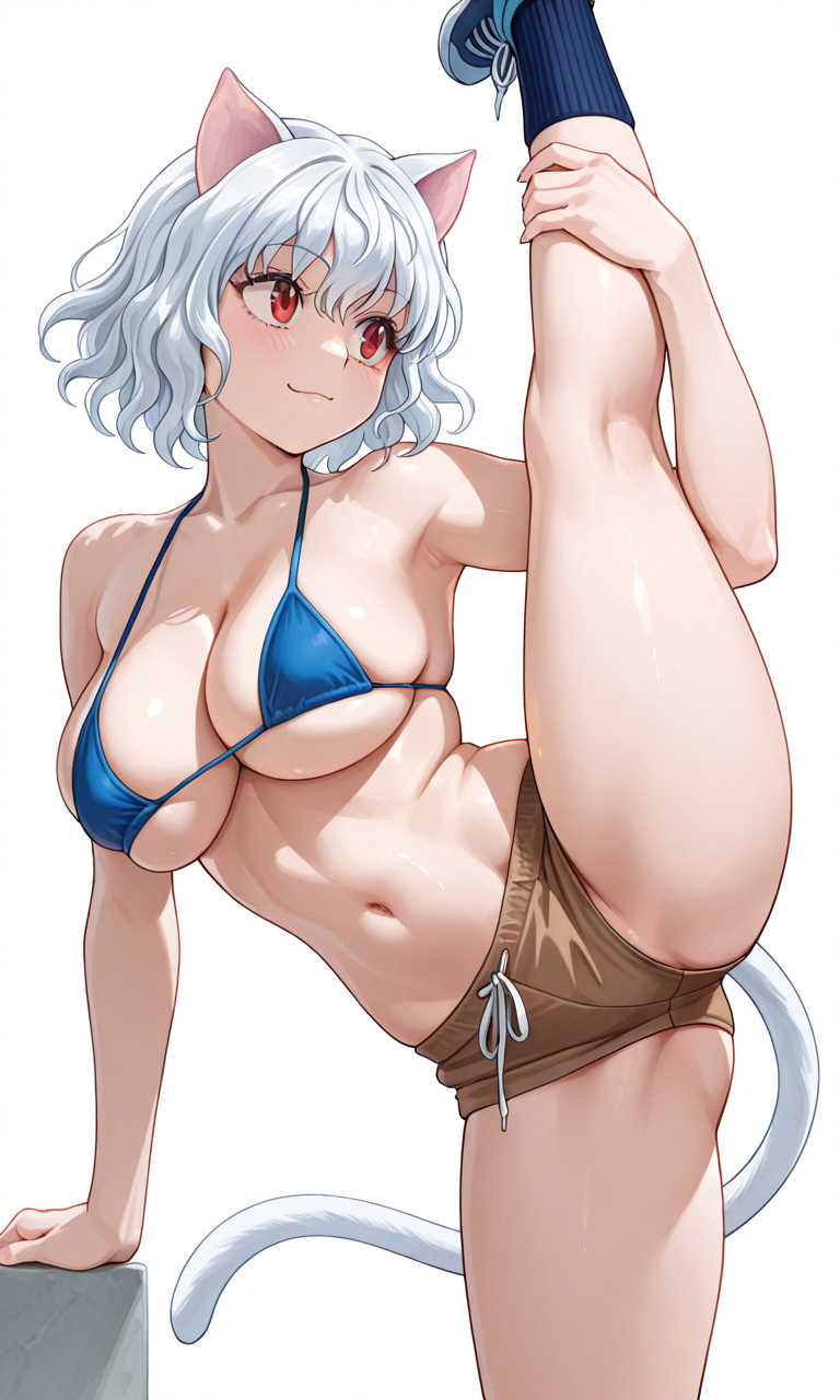1girls, ai generated, bikini, bikini top, cat ears, cat girl, cat tail, catgirl, female, female only, gilaruvia, hunter x hunter, neferpitou, nekomimi, solo, standing split, white background, white hair