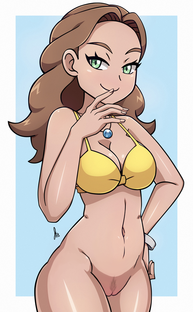 ass belly bikini blue_background bracelet breasts brown_hair cleavage clothed dark-skinned_female dark_skin dmy-gfx edit edited eyelashes female female_only green_eyes half-closed_eyes human human_only long_hair looking_at_viewer midriff misusage navel necklace nintendo npc_trainer pokemon pokemon_sm smile solo standing swimmer_(pokemon) swimmer_(pokemon_sm) swimsuit text watermark white_border wide_hips