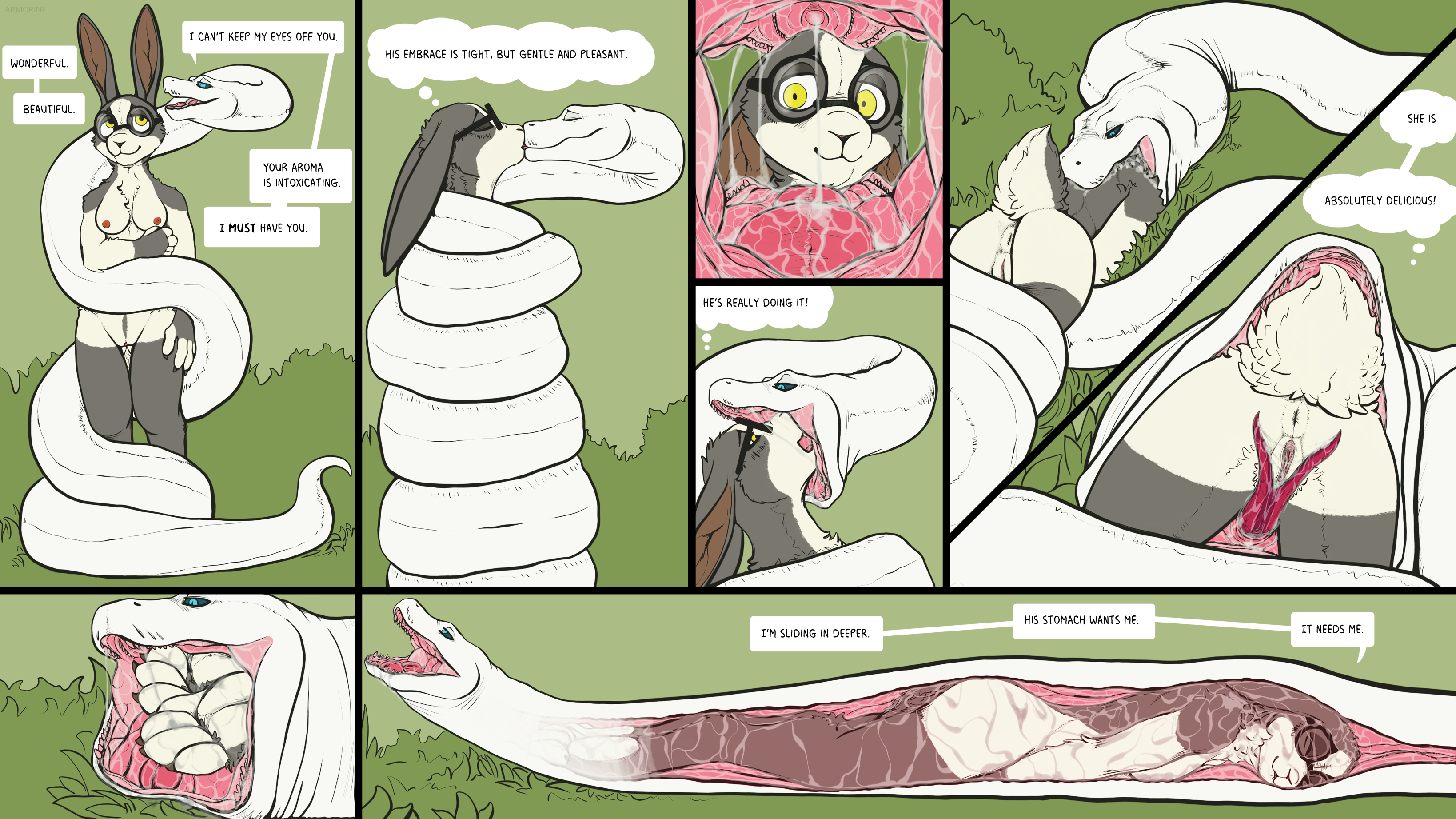anus, armorine, ass, blue eyes, breasts, coiling, coiling another, coiling around body, comic, dialogue, drooling, duo, eaten, eaten alive, eating, english text, enjoying, enjoyment, eyewear, female, female prey, furry, furry female, furry vore, glasses, grass, green background, head first, imminent death, internal, kissing, lagomorph, licking ass, licking pussy, male, male pred, mammal, nature, nature background, nipples, nude, outdoors, outside, pawpads, paws, pleasured, pussy, rabbit, rabbit ears, reptile, saliva, scalie, simple background, snake, snake vore, soft vore, straight, swallowed, swallowed alive, swallowed whole, swallowing, text, tongue, two-tone body, vore, willing pred, willing prey, willing vore, yellow eyes