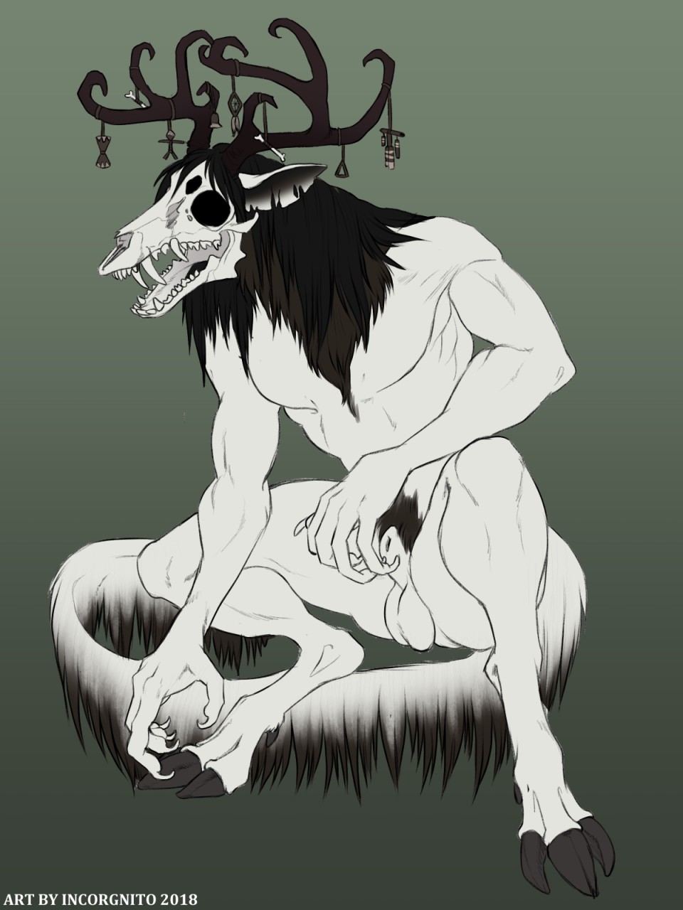 animal_genitalia anthro antlers balls cervine crouching fangs horn incorgnito male male_only mammal monster nude sheath skinwalker skull solo wendigo white_body