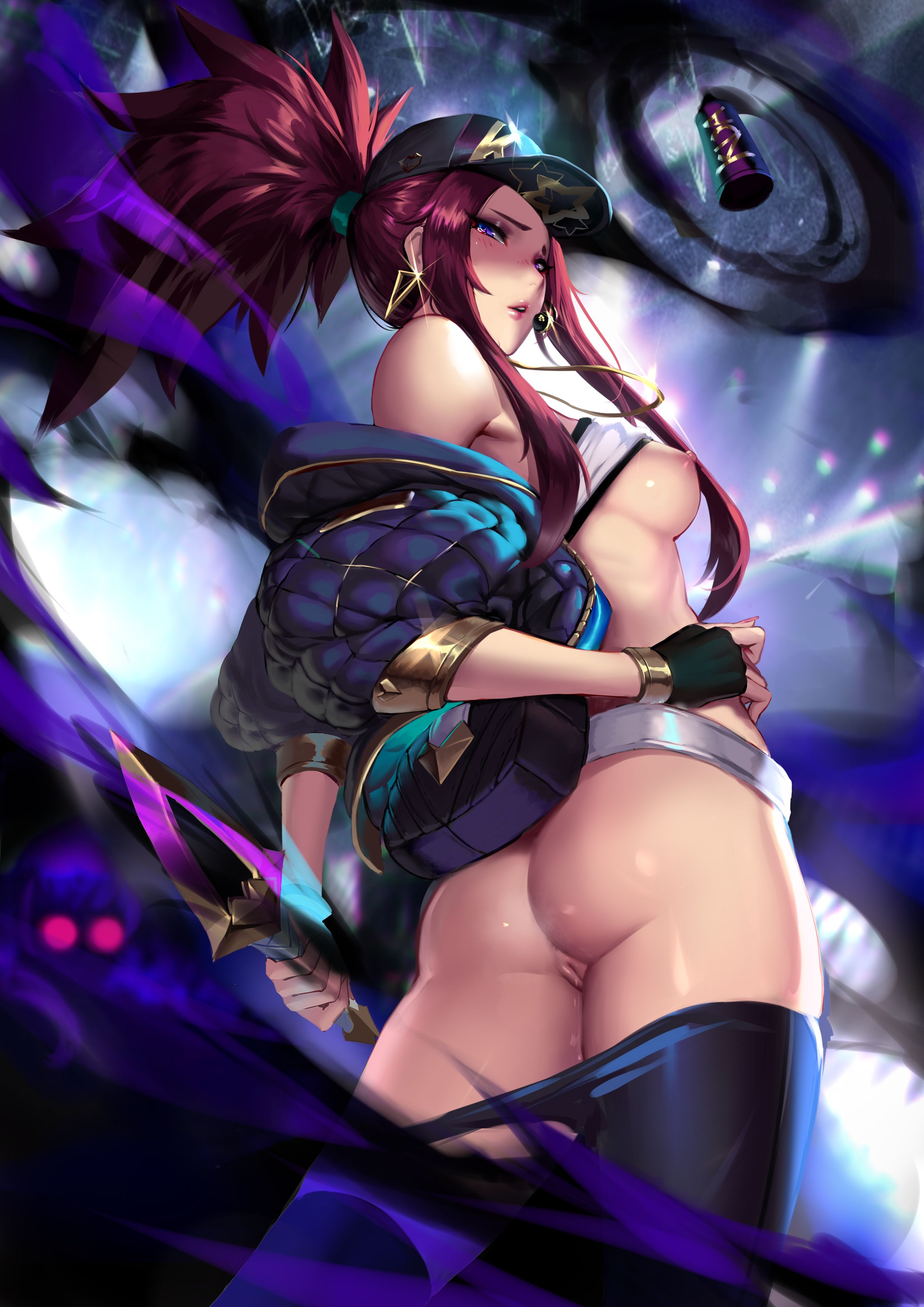 absurdres, akali, alternate costume, ass, breasts, brown hair, cap, cianyo, female, female only, highres, k/da akali, k/da series, league of legends, lipstick, nipples, ponytail, pussy, solo, standing, uncensored