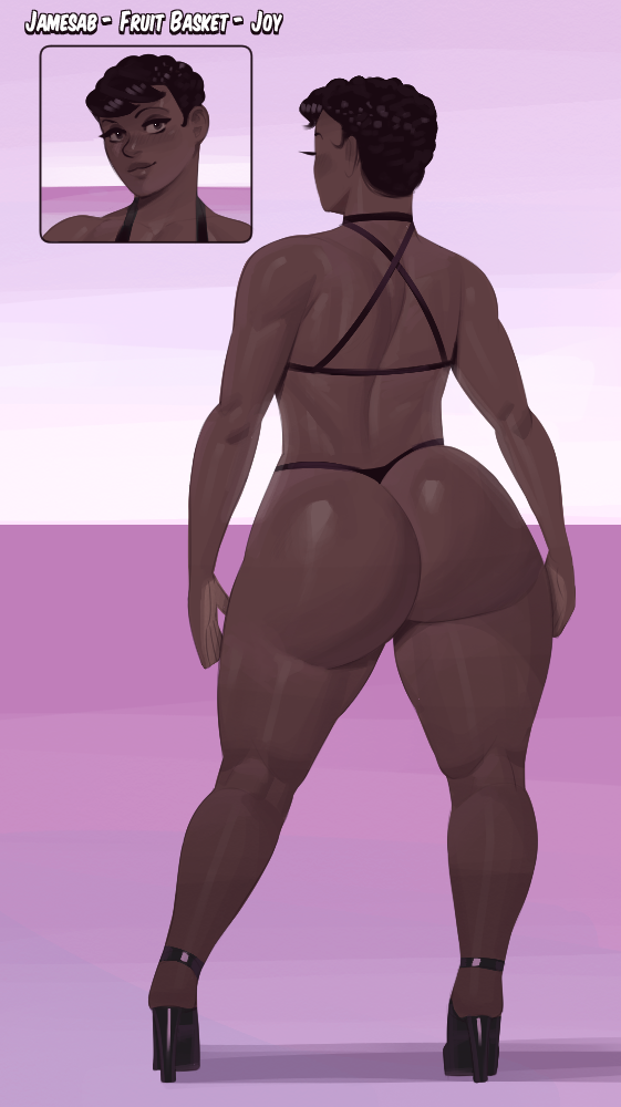 2020 ass big_ass dark-skinned_female dark_skin fruit_basket_(jamesab) heels jamesab joy_winslow_(jamesab) micro_bikini original_character short_hair simple_background