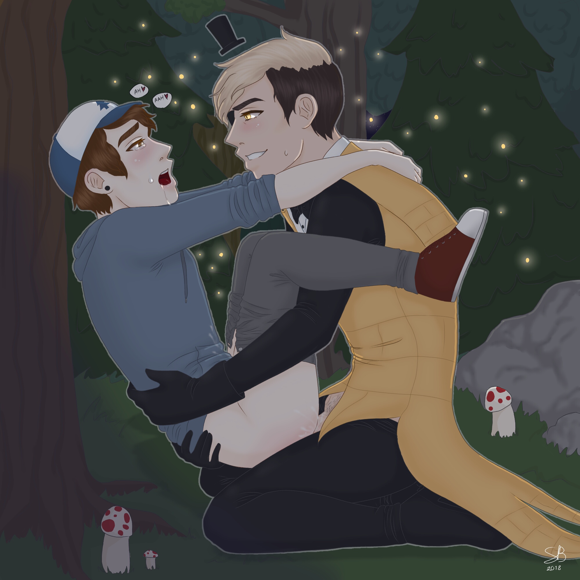 2boys, aged up, anal, anal sex, bill cipher, cum while penetrated, digital art, dipper pines, disney, disney channel, fanart, gay, gravity falls, male, male only, multiple boys, multiple males, mushroom, no visible genitalia, on lap, outdoors, pants down, saliva, saliva drip, saliva string, saliva trail, sex, smooth skin, tears, yaoi