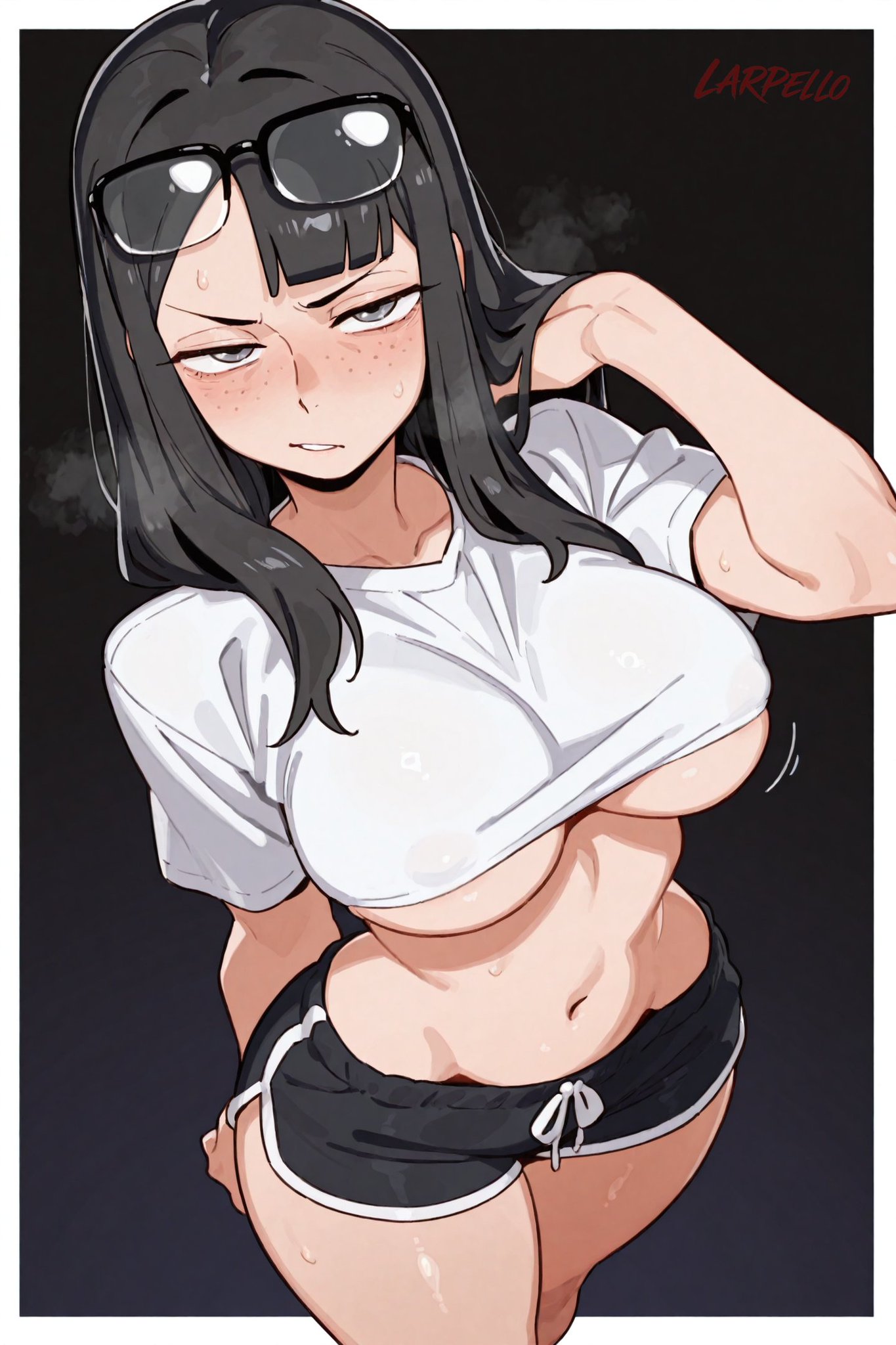ai, ai art, ai generated, angry, artist request, blush, boobs, clothed, crop top, eizouken ni wa te wo dasu na!, female, female only, glasses, gray eyes, gray hair, kanamori sayaka, non-nude, sfw, short shirt, steam, sweat, thick thighs, under boob