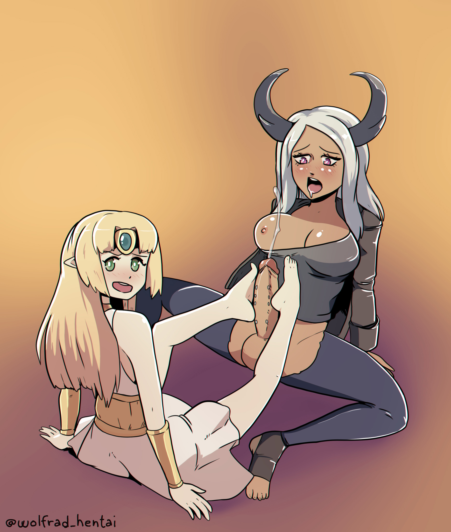 1futa, 1girls, blonde hair, breasts, breasts out, chaos (warhammer), dark skin, dark-skinned futa, female, female on futa, footjob, frenum ladder, frenum piercing, futa on female, futanari, green eyes, horned humanoid, intersex, ladder piercing, mostly nude, nude, nude futa, one breast out, penis, penis piercing, silver hair, veronica ishtani, violet eyes, warhammer (franchise), warhammer 40k, wolfgang bang
