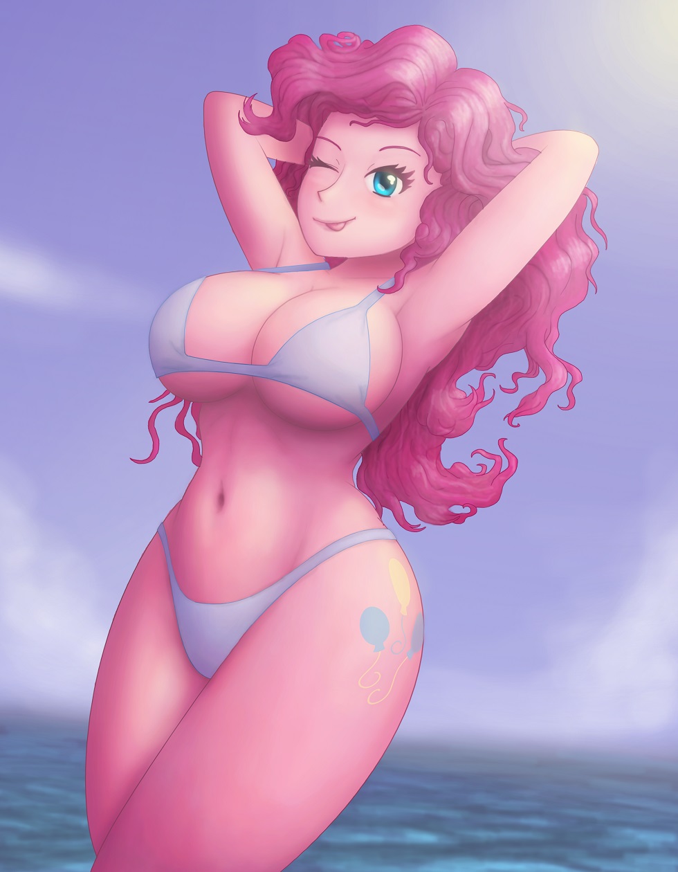 ;d, 1girls, armpits, beach, belly, big breasts, bikini, blue eyes, blush, breasts, cutie mark, equestria girls, female, female only, hasbro, huge breasts, humanized, looking at viewer, my little pony, navel, one eye closed, pink hair, pink skin, pinkie pie (eg), pinkie pie (mlp), saf-404, safartwoks, safartworks, straight hair, tattoo, tongue, tongue out, wide hips