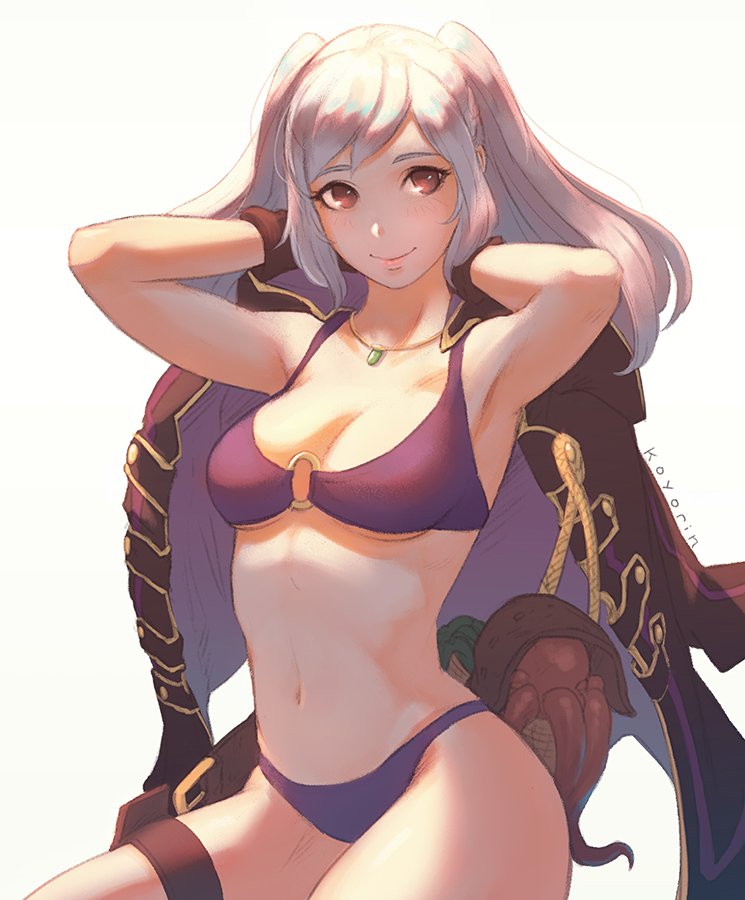 armpits arms_up bikini bikini_under_clothes fire_emblem fire_emblem_awakening fire_emblem_heroes hands_behind_head koyorin nintendo robin_(female)_(summer)_(fire_emblem) robin_(fire_emblem) robin_(fire_emblem)_(female) twintails