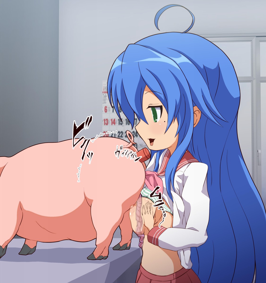 1boy 1girls blue_hair blush bra bra_lift breasts clothing female green_eyes konata_izumi large_breasts lucky_star male mole mole_under_eye nipples paizuri penis pig school_uniform shirt_lift skirt striped striped_bra suid suina sus_(pig) swine underwear uwa~a zoophilia