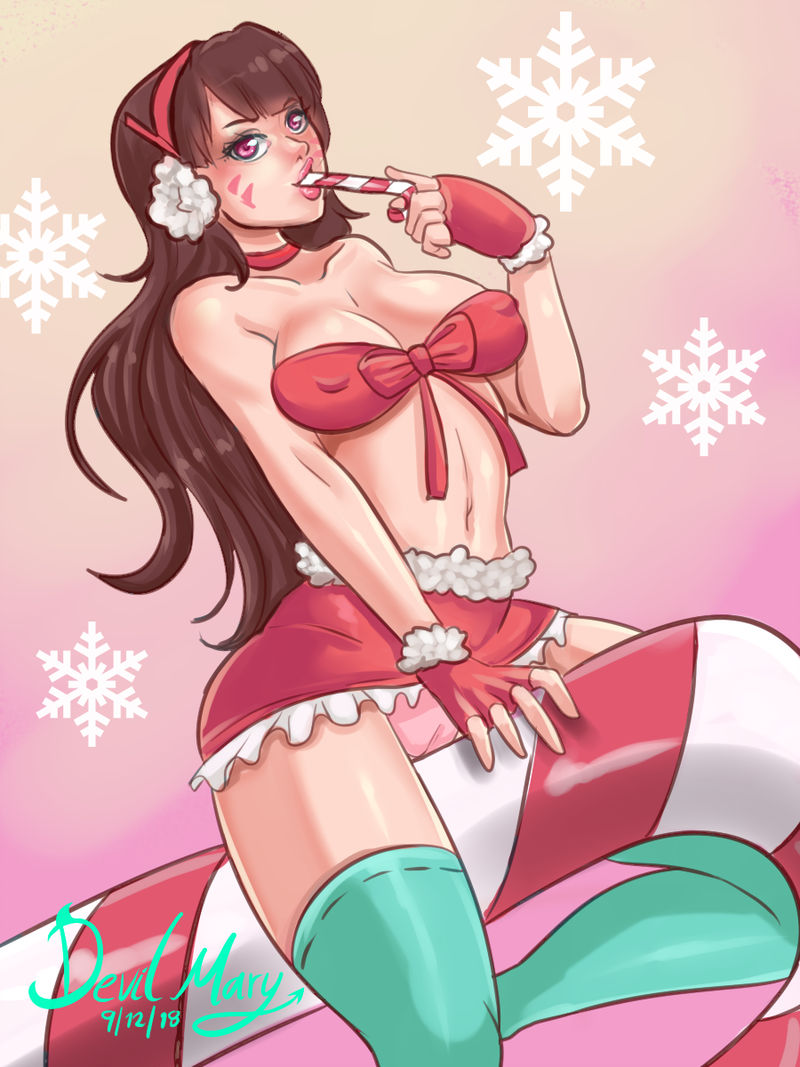 1girls breasts cameltoe candy_cane candy_cane_in_mouth christmas christmas_lingerie cleavage curvy d.va devilmarie earmuffs erect_nipples erect_nipples_under_clothes female female_only large_breasts nipple_bulge nipples overwatch panties pink_panties santa_costume skirt solo upskirt