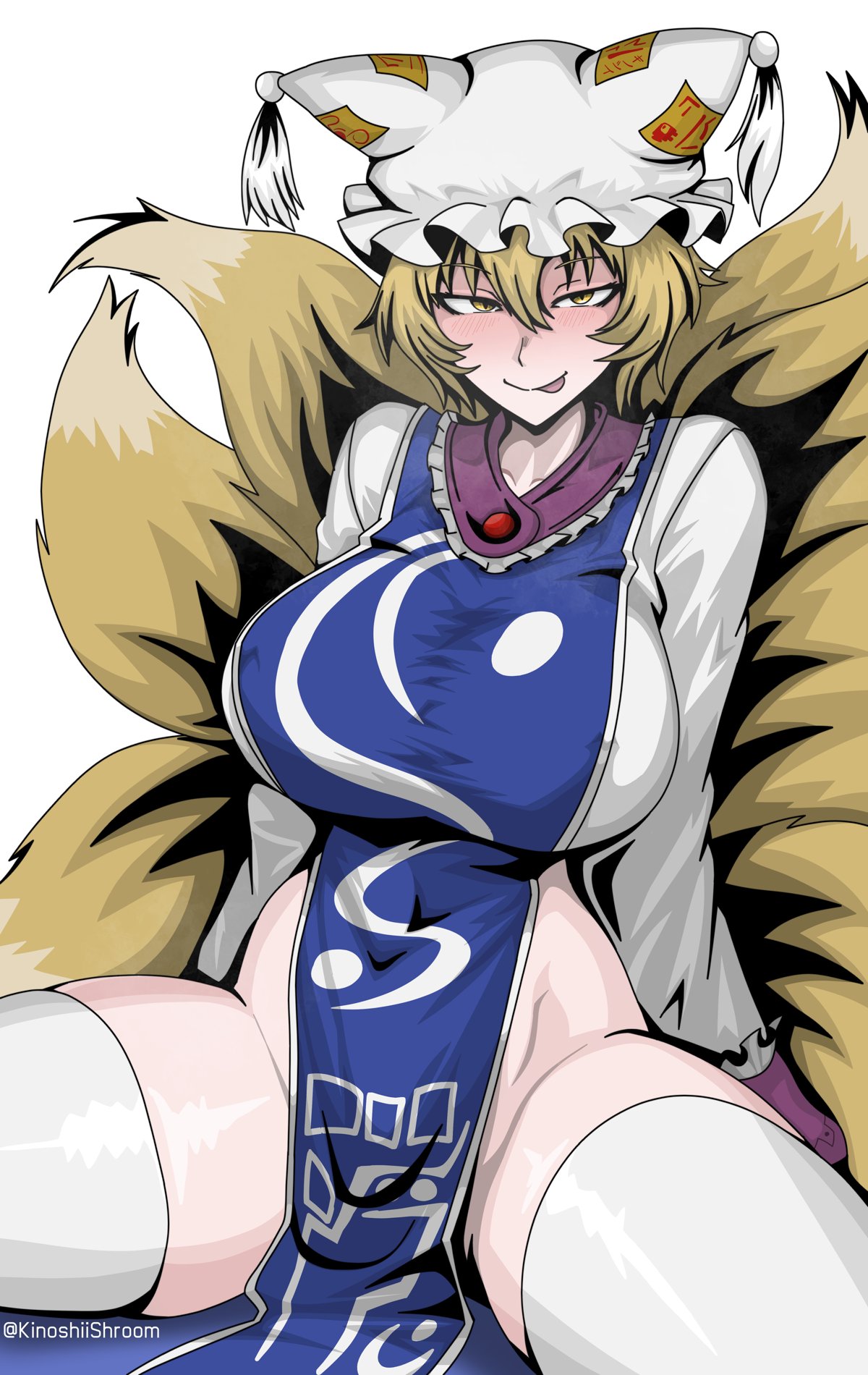 1girls, 2026, 2d, 2d (artwork), 9 tails, animal tail, artist name, big breasts, blush, breasts, clothed, clothing, color, colored, digital media (artwork), female, female only, fox ears, fox girl, fox tail, hat, hi res, huge breasts, kinoshii-shroom, large breasts, legs, legs open, light skin, light-skinned female, looking at viewer, matching hair/eyes, multiple tails, ran yakumo, simple background, smile, smile at viewer, solo, tail, thick thighs, thighs, tongue, tongue out, touhou, touhou project, white background, yellow eyes, yellow hair