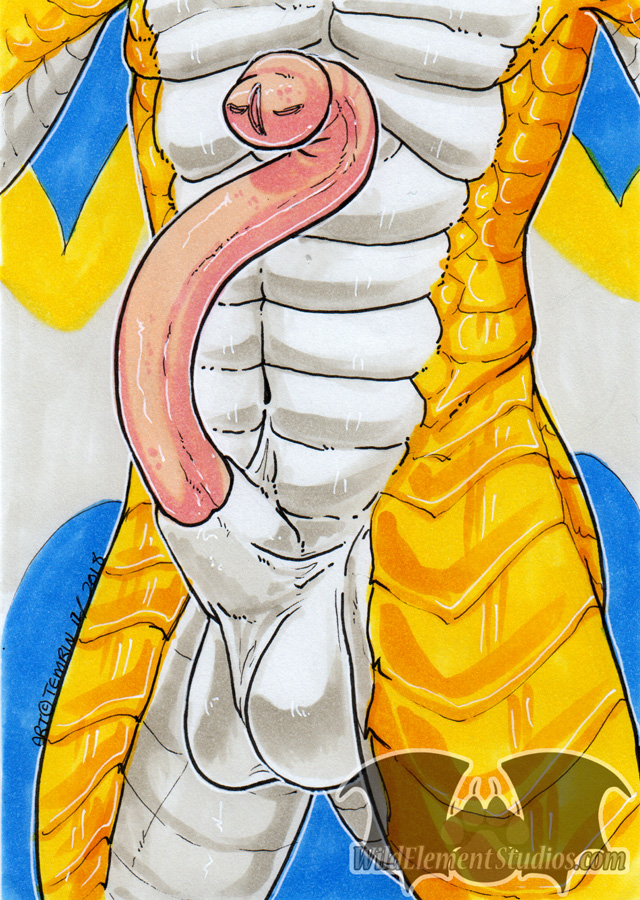 2018 anthro balls copic dragon erection fundraiser gold male_only nude penis pink_skin prehensile_penis scales scalie slit snake temrin traditional_media_(artwork) urethra white yellow