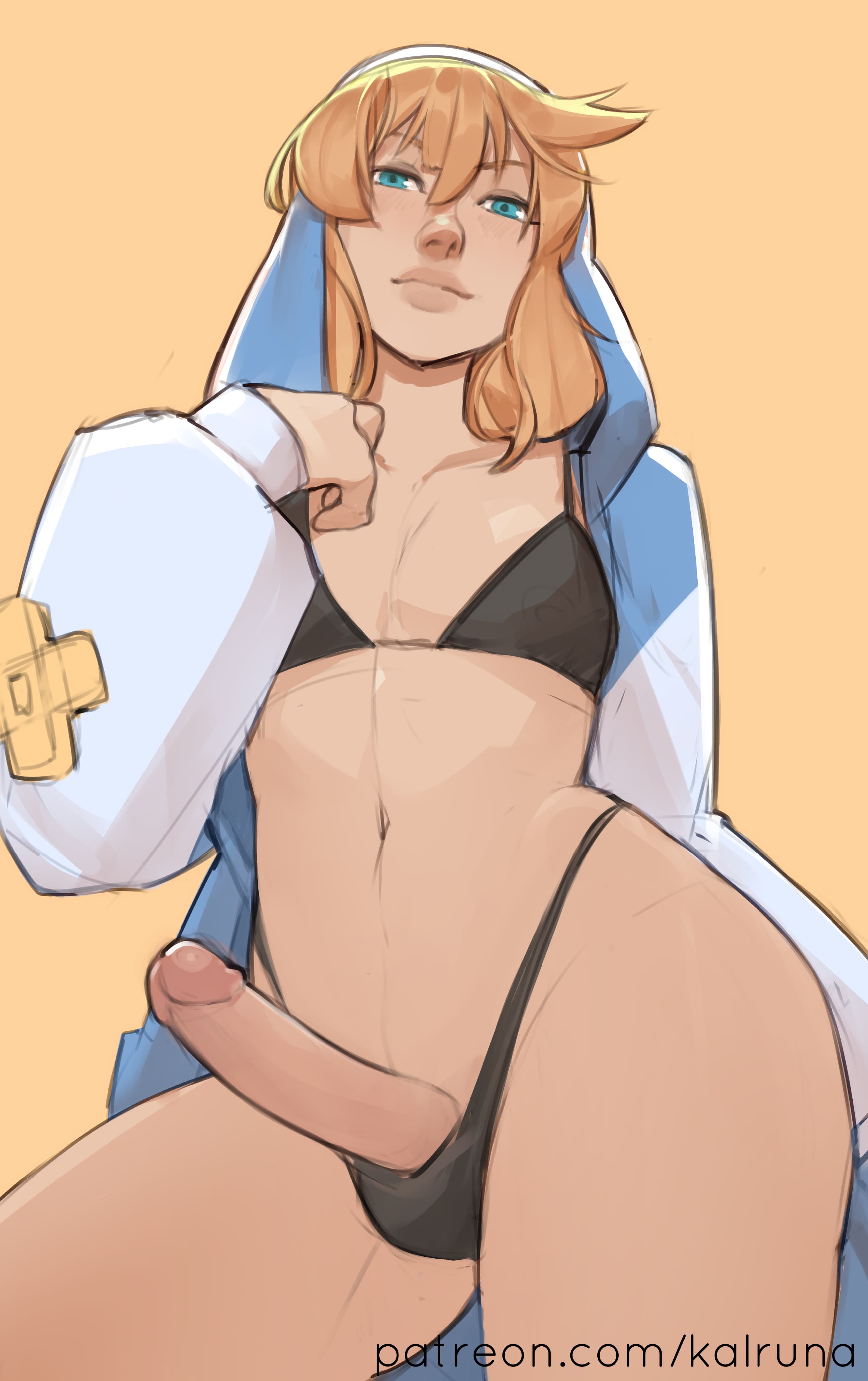1boy, black bra, black panties, black underwear, blonde hair, blue eyes, bra, bridget, bridget (guilty gear), bulge, bulge in panties, bulge through clothing, covered breasts, covered penis, crossdressing, crossdressing male, from below, girly, guilty gear, hand on chest, hoodie, jacket, kalruna, light skin, light-skinned male, long sleeves, looking at viewer, looking down, male, male only, medium hair, open hoodie, open jacket, panties, penis, penis bulge, penis in panties, penis under clothes, revealing clothes, semi nude, simple background, smile, solid color background, solo, solo focus, solo male, thick legs, thighs, trap, underwear, viewed from below, wide hips