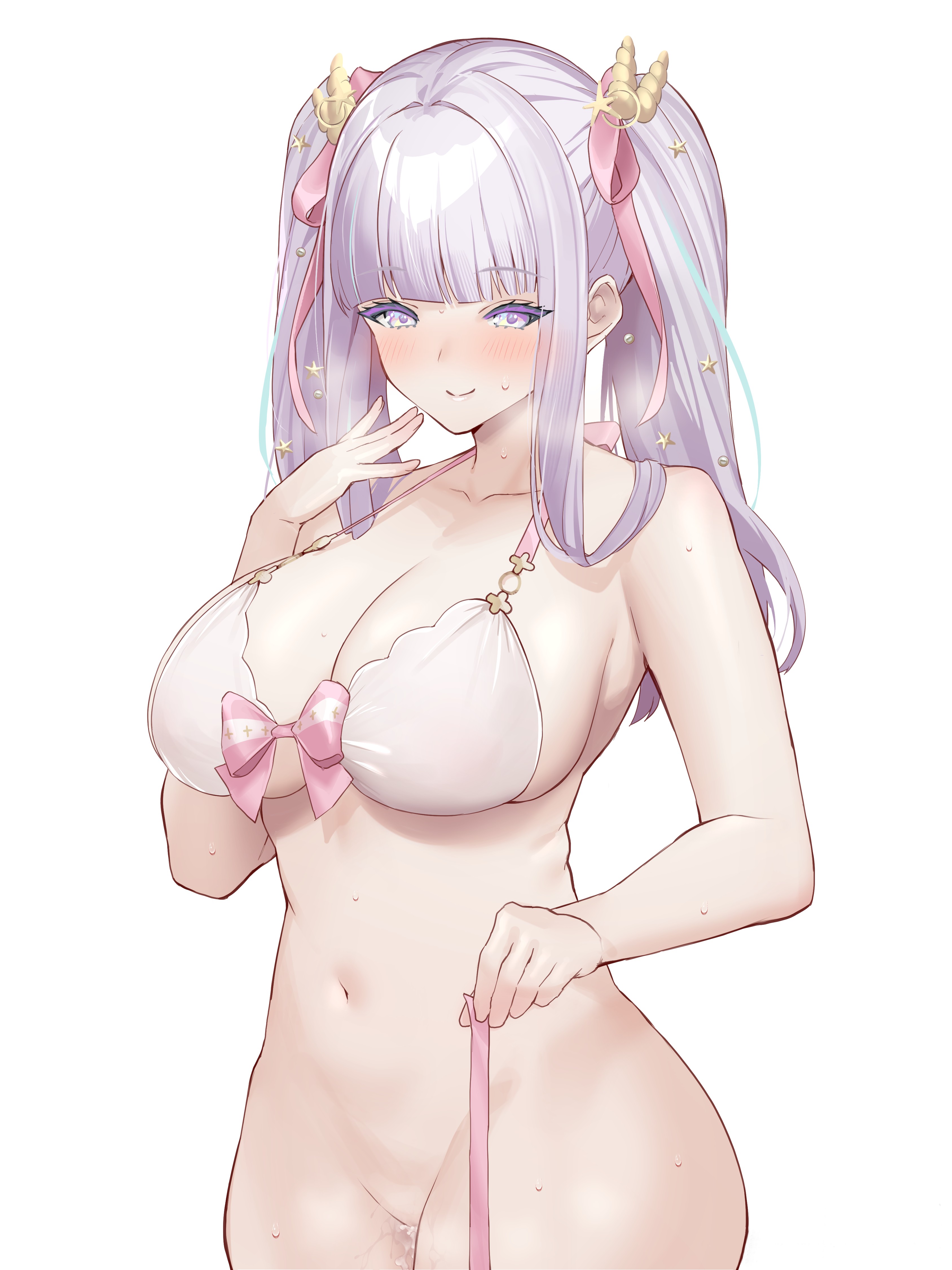 1girls, alternate costume, azur lane, batsu (batuact3), big breasts, bikini, breasts, cum, cum in pussy, cum leaking, eyebrows visible through hair, female, female only, light skin, light-skinned female, official alternate costume, plymouth (azur lane), plymouth (heart-throbbing refreshment) (azur lane), pussy, ribbon, simple background, smiling, sweat, white background