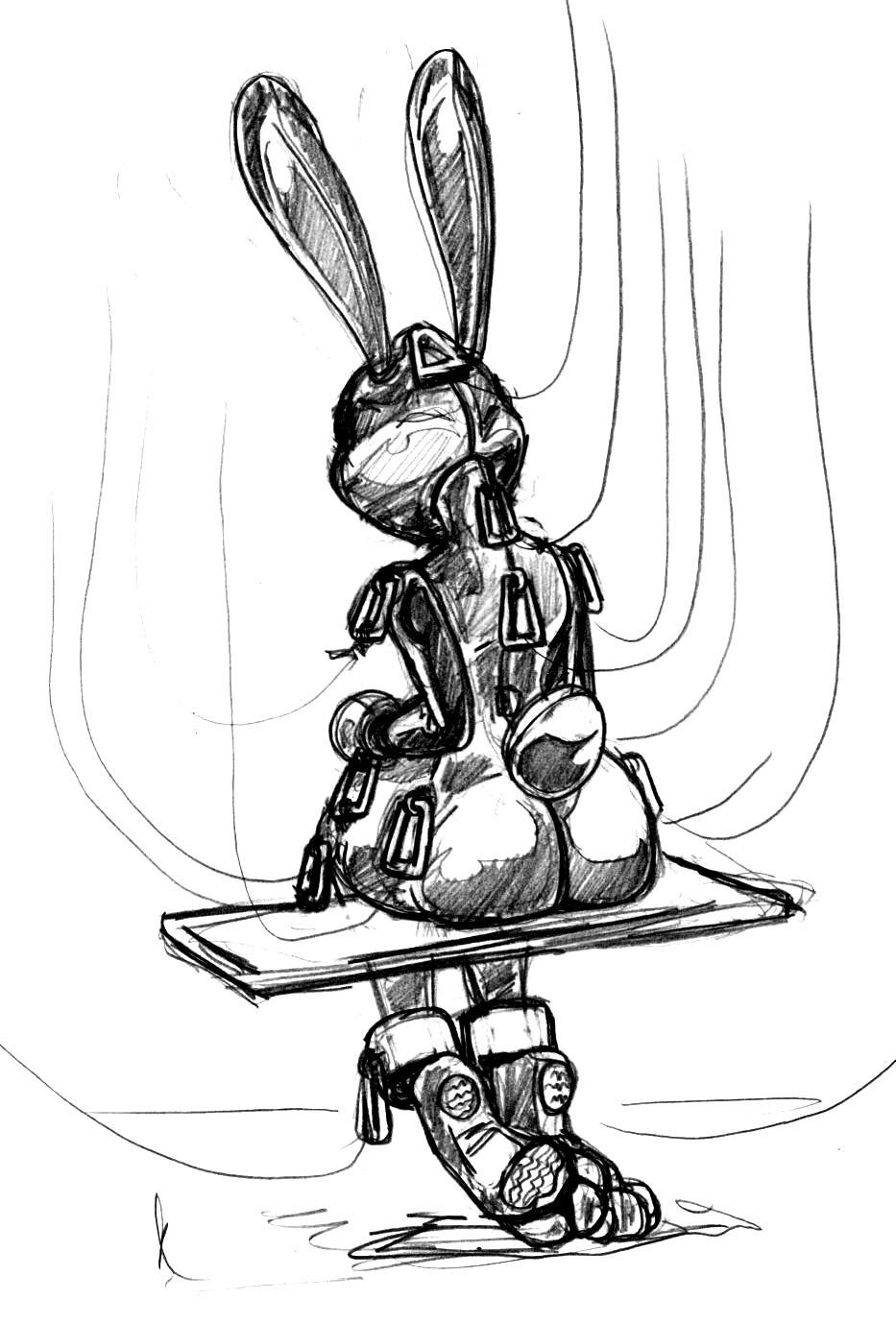 1girls bastianmage blindfold bondage bound clothing disney encasement female gag gagged greyscale judy_hopps lagomorph leash mammal monochrome rabbit rough_sketch rubber simple_background sitting sketch solo white_background zootopia