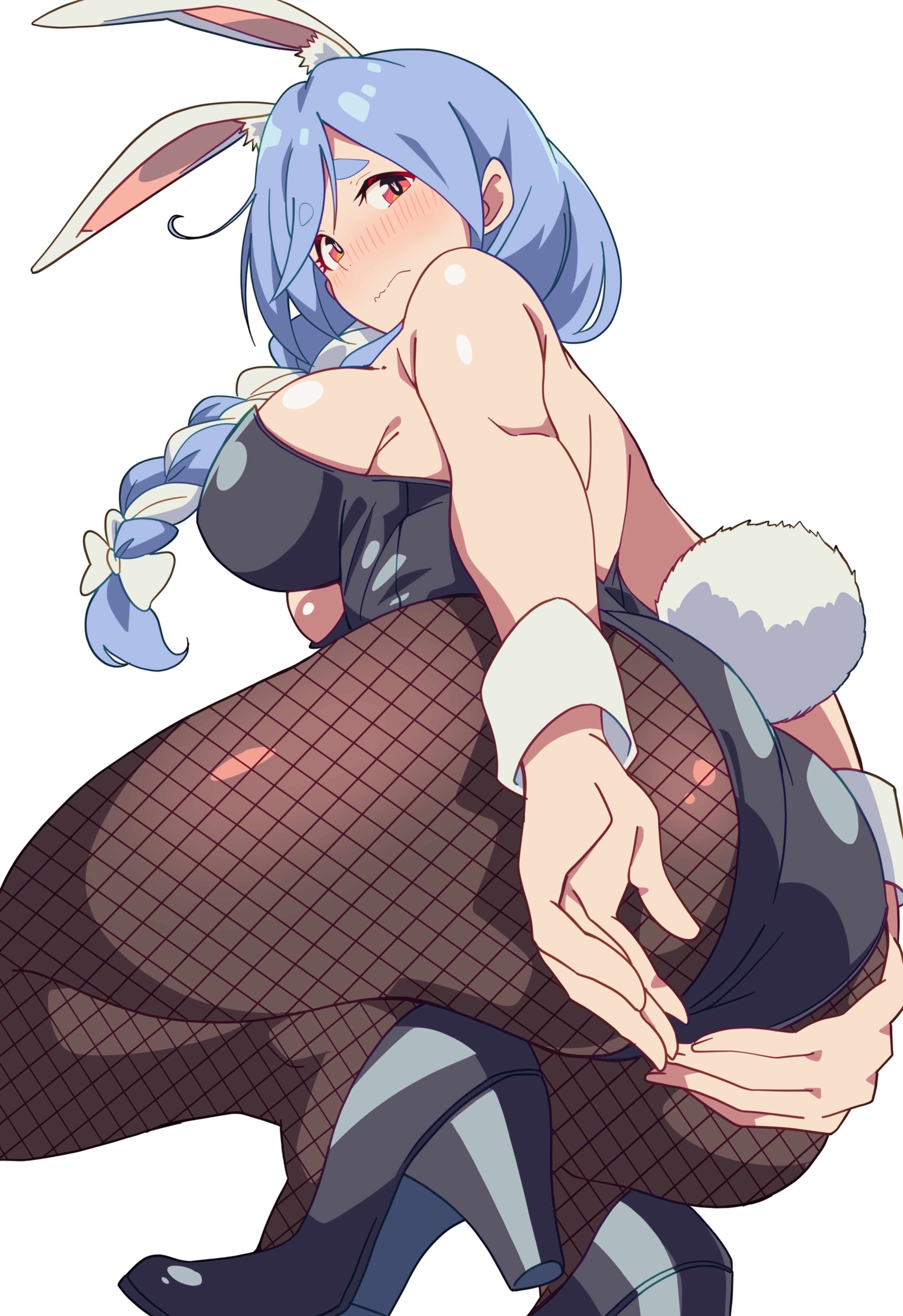 1girl, absurdres, animal ears, ass, black leotard, black shoes, blue hair, blush, bow, braid, braided ponytail, breasts, closed mouth, fishnet pantyhose, fishnets, full body, hair bow, hair over shoulder, high heels, highres, hololive, irodori drawpic, large breasts, leotard, long hair, looking at viewer, multicolored hair, pantyhose, pekomama, playboy bunny, rabbit ears, rabbit girl, rabbit tail, red eyes, shoes, short eyebrows, sideboob, simple background, solo, squatting, strapless, strapless leotard, swept bangs, tail, thick eyebrows, two-tone hair, virtual youtuber, wavy mouth, white background, white bow, white hair, wrist cuffs