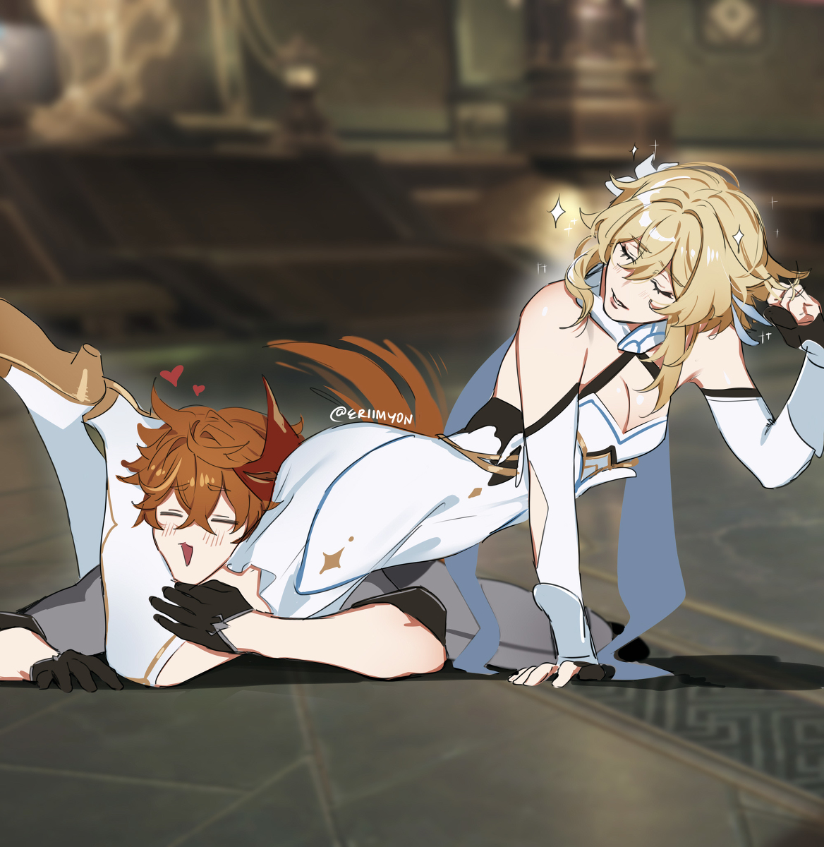 1boy, 1girl, blonde hair, childe (genshin impact), eriimyon, female, funny, genshin impact, ginger, happy, happy sub, head between legs, head between thighs, head lock, headscissor, heart, legs around neck, light skin, lumine (genshin impact), male, male/female, sparkles, straight, tartaglia (genshin impact), thighs around head