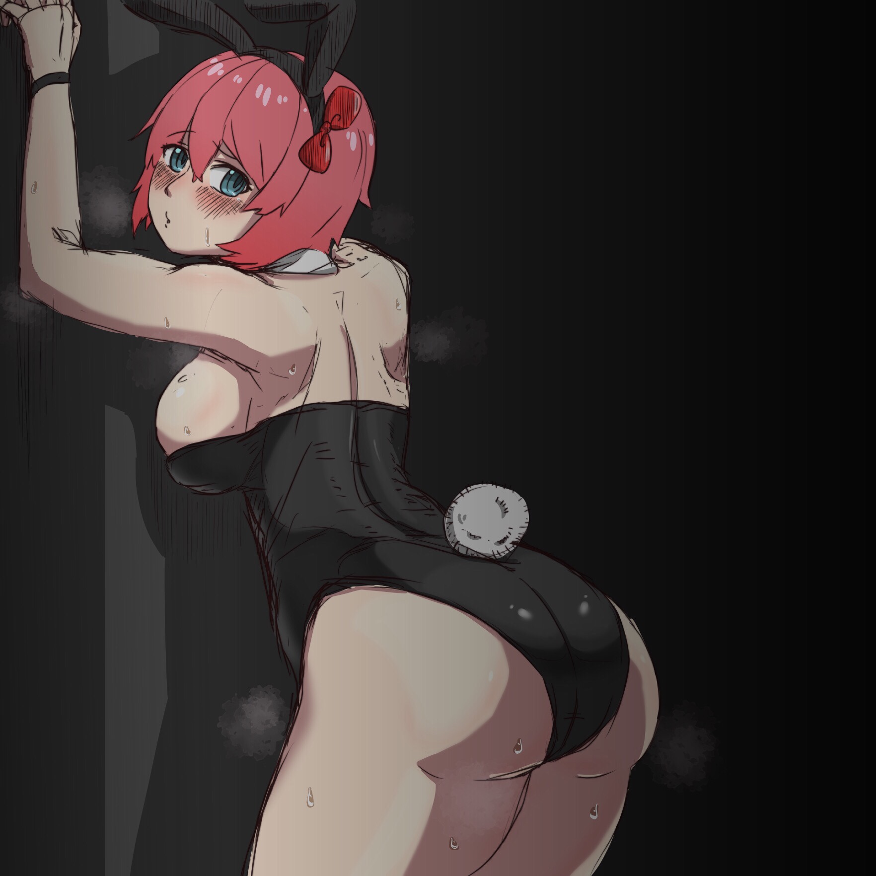 1girls, ass, back, bangs, big ass, blue eyes, blush, bow, breasts, bunny ears, bunny girl, bunny tail, bunnysuit, doki doki literature club, female, female only, just sayori, kaxiota, large breasts, looking at viewer, looking back, pink hair, sayori (doki doki literature club), short hair, simple background, solo, sweat, thick thighs