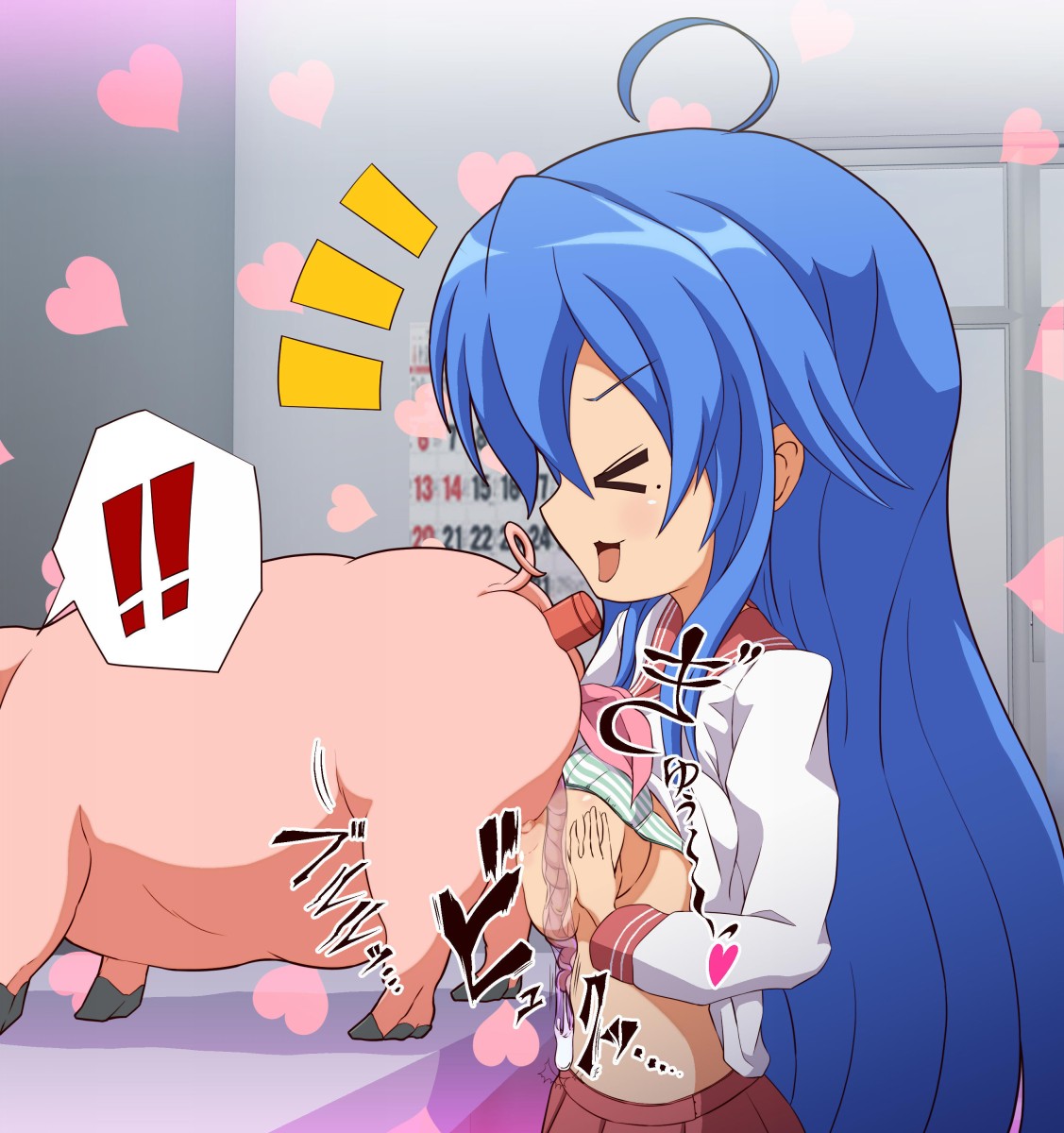 >_< 1boy 1girls blue_hair blush bra bra_lift breasts closed_eyes clothing cum ejaculation female konata_izumi large_breasts lucky_star male mole mole_under_eye nipples paizuri penis pig school_uniform shirt_lift skirt striped striped_bra suid suina sus_(pig) swine underwear uwa~a zoophilia