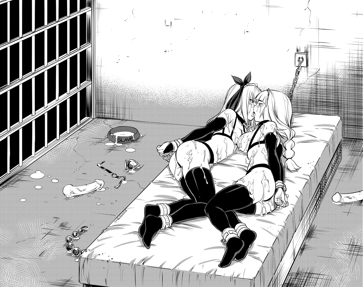 2girls, ankle cuffs, arms behind back, assorted sex toys, blush, bondage, bound, bound ankles, bound together, bound wrists, breasts, collar, crying, cuffs, duo, eudetenis, female, femsub, forced exposure, forced partners, forced yuri, gagged, indoors, kissing, large breasts, leash, linked collar, long hair, lying, monochrome, multiple females, multiple girls, multiple subs, on side, panties, prison, sex toy, small breasts, tears, thighhighs, toy selection, wrist cuffs, yuri