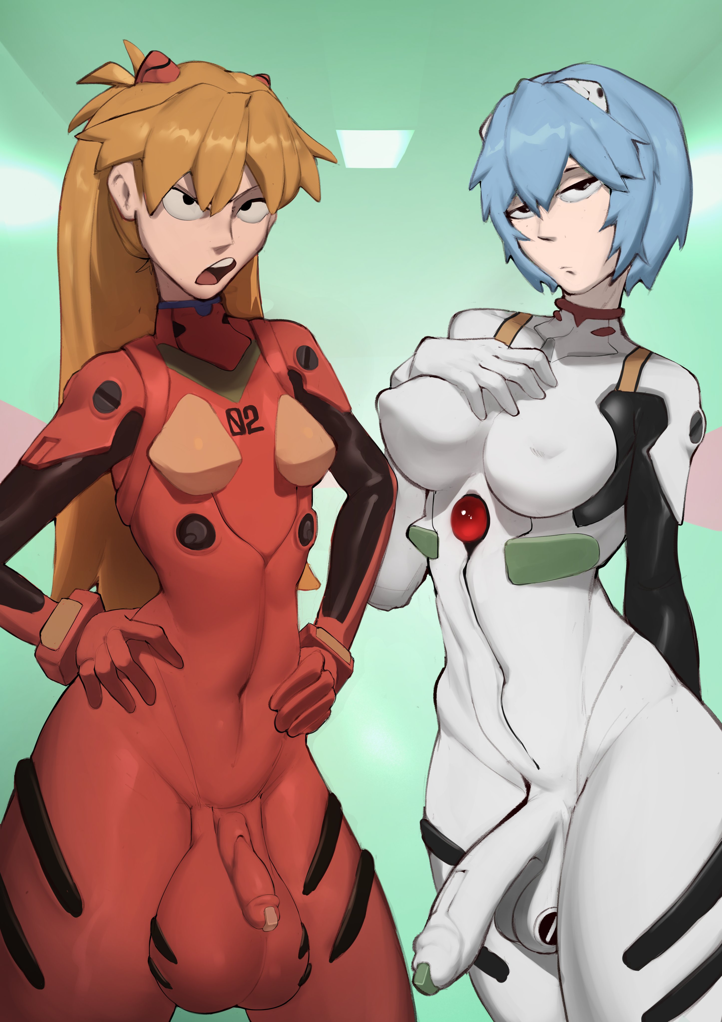 2026, 2d, 2futas, asuka langley sohryu, ayanami rei, balls, ballsack, big breasts, blue hair, brown hair, clothed, clothing, cock, commission, dick, fully clothed, futa, futa only, futanari, genitals, hair, hand on hip, hi res, highres, huge balls, huge cock, human, intersex, light skin, light-skinned futa, long hair, looking at viewer, lumu, neon genesis evangelion, oversized balls, penis, penis size difference, rei ayanami, short hair, souryuu asuka langley, tagme, testicles