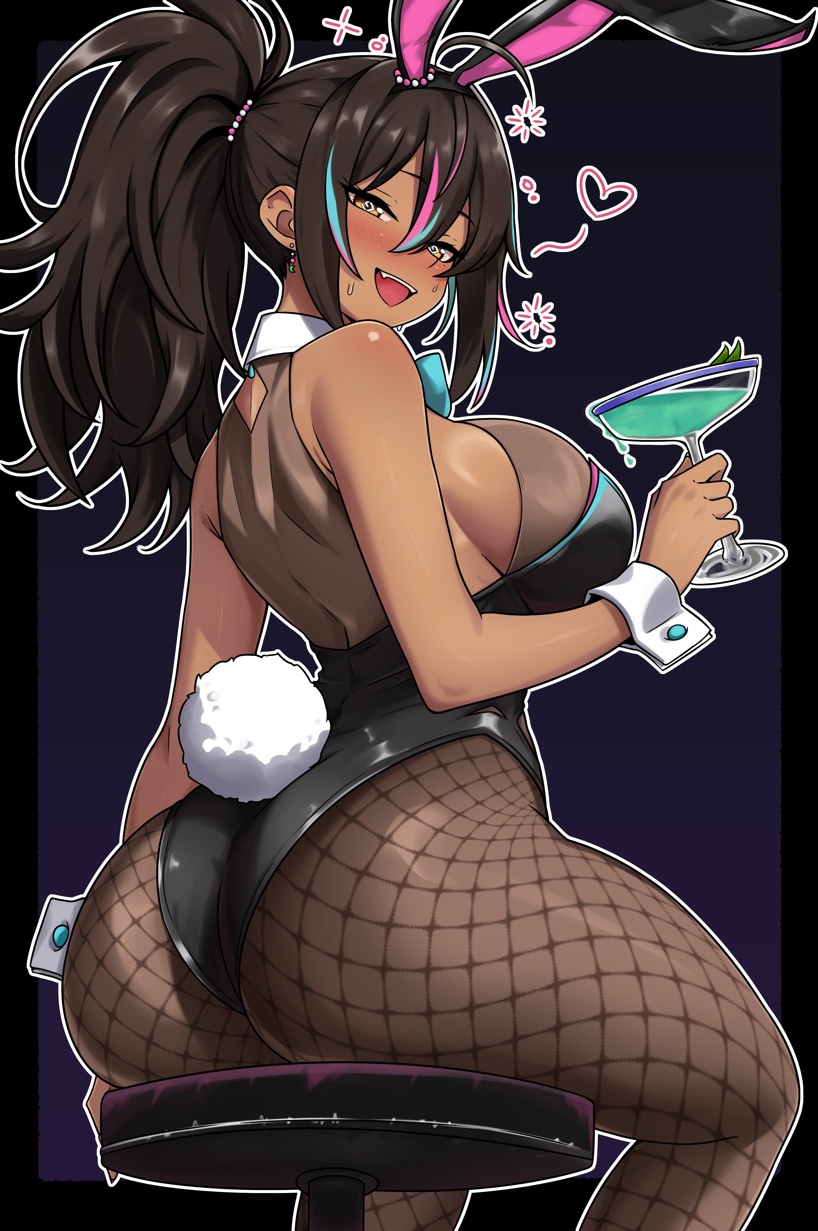 1girl, 1girls, absurdres, animal ear hairband, animal ears, ass, ass focus, back, bar stool, black leotard, blue bow, blue bowtie, blue hair, blush, bodystocking, bow, bowtie, breasts, cocktail glass, collar, commentary, cup, curvy, dark skin, dark-skinned female, drinking glass, english commentary, fake animal ears, fat ass, female, fishnet pantyhose, fishnets, hair between eyes, hairband, heart, highleg, highleg leotard, highres, huge ass, indie virtual youtuber, large breasts, leotard, looking at viewer, multicolored hair, neon harper, neon harper (bunnysuit), open mouth, pantyhose, pink hair, playboy bunny, ponytail, rabbit ears, rabbit tail, scrapy, sideboob, sitting, solo, stool, streaked hair, sweat, tail, thighs, tits, virtual youtuber, vtuber, white collar, white wrist cuffs, wide hips, wrist cuffs