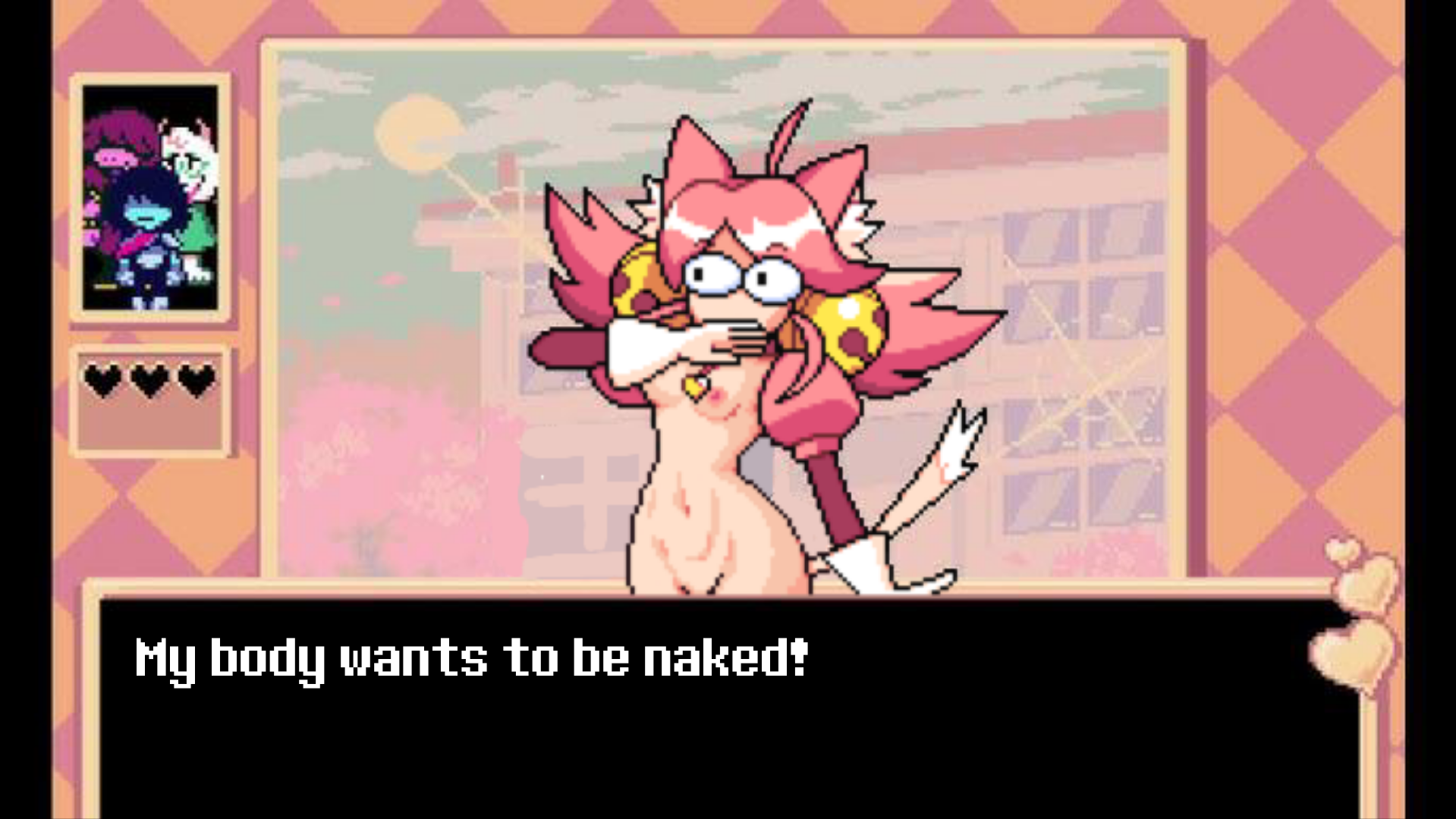 accurate art style, deltarune, dialogue, edit, english text, mad mew mew, naked, pink (deltarune), pixel art, screencap, screenshot, screenshot edit