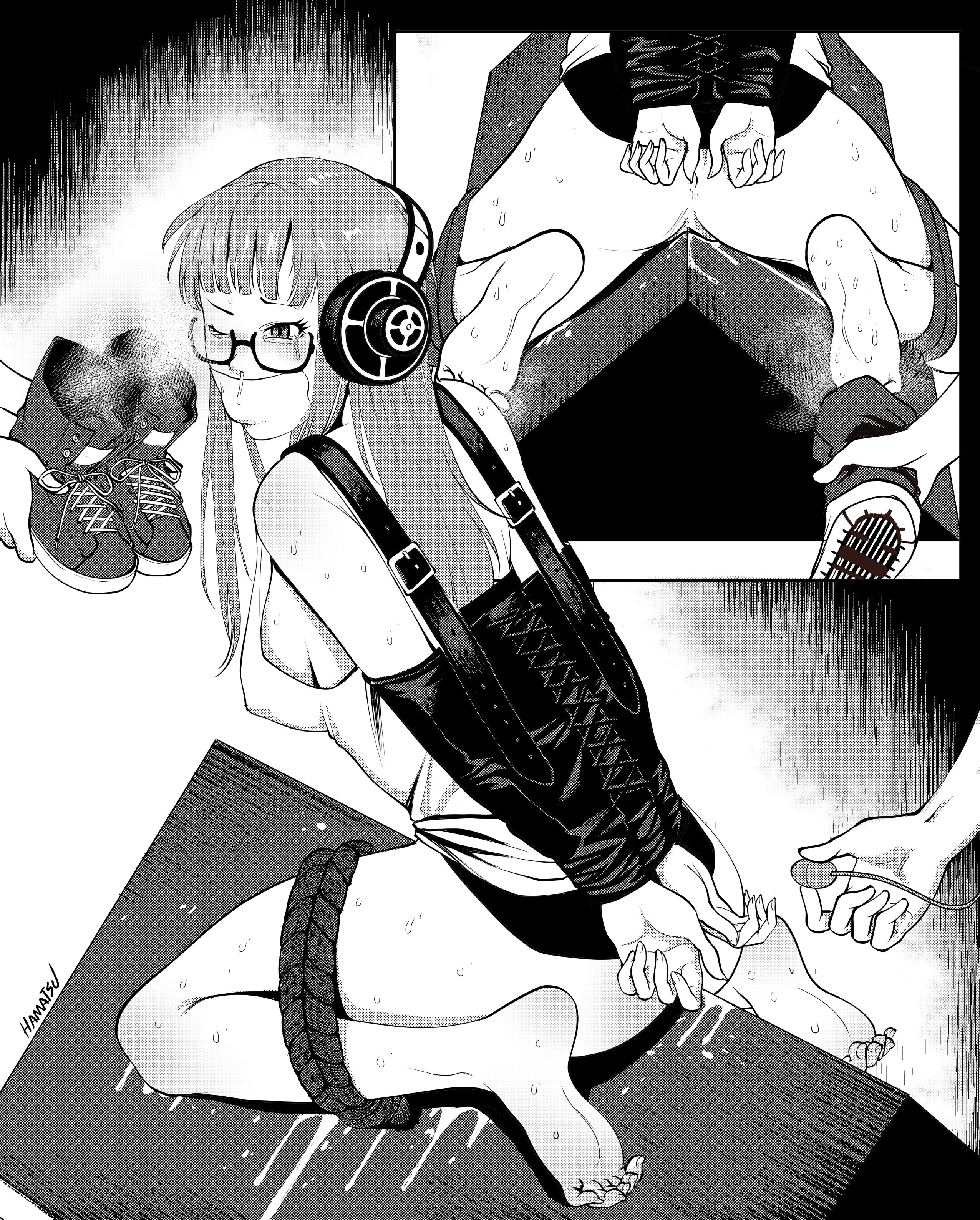 1girls, armbinder, arms behind back, barefoot, bondage, bound, bound arms, bound legs, egg vibrator, feet, female, female focus, female only, femsub, frogtie, gag, gagged, hamatsu, monochrome, offscreen character, persona, persona 5, pussy, rope, sakura futaba, sweat, tape, tape gag, tears, wooden horse, wooden horse (device)