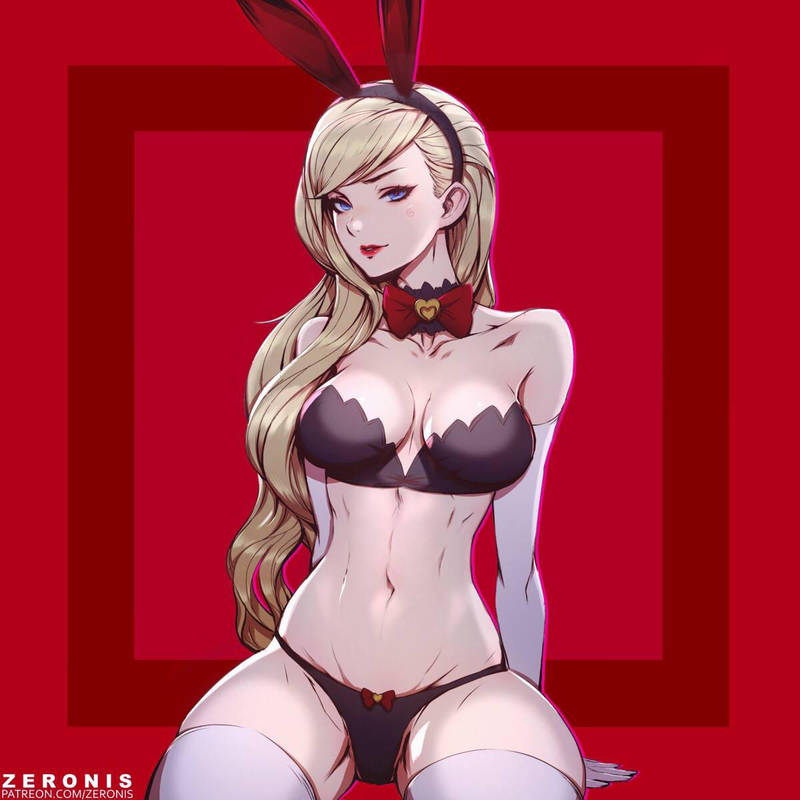 blonde_hair blue_eyes bra bunny_ears cleavage female panties remi-7 ribbon sitting solo zeronis