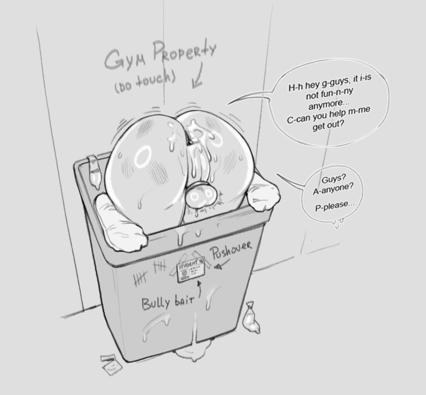 1boy, 1femboy, after sex, ass focus, chastity cage, chastity device, chuckinthedark, condom, condom wrapper, cum, cum in ass, cum inside, femboy, femboy only, filled condom, shaking, stuck in trash can, trash can