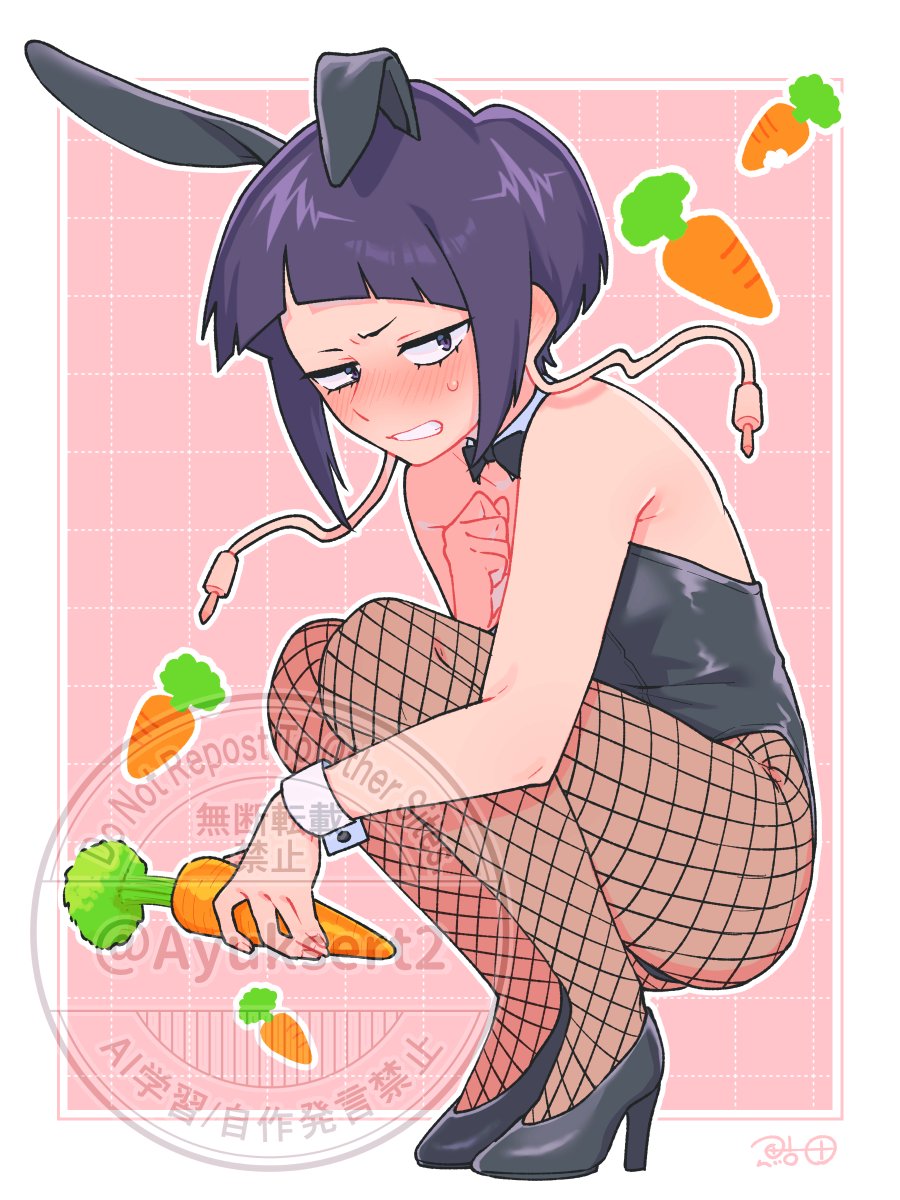 1girls, artist request, black hair, blush, blushing, bunny ears, bunny girl, bunnysuit, covering breasts, crouching, embarrassed, embarrassed female, female, fishnets, kyoka jiro, looking at viewer, my hero academia, short hair, small breasts, solo, teenager