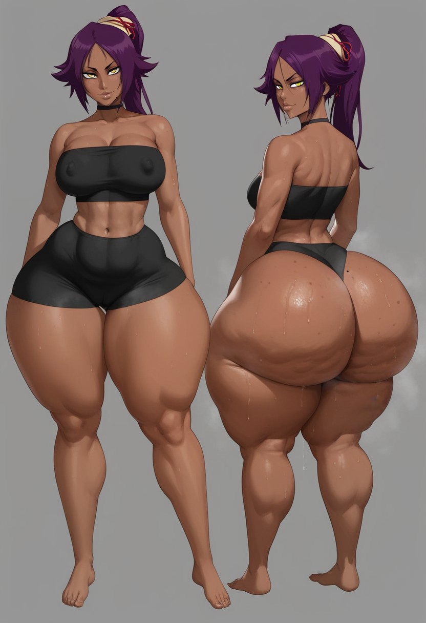 1girl, 1girls, ai generated, ass, ass bigger than head, ass hanging out of shorts, barefoot, big ass, big breasts, big butt, bleach, bleach: the thousand-year blood war, boobs, booty, bottom heavy, breasts, breedable, breedable hips, bubble ass, bubble butt, cellulite, choker, curvaceous, curvy, curvy figure, dark-skinned female, ebony, ebony female, fat ass, feet, female, female only, front and back, hips, huge ass, musk, musk clouds, oiled, oiled skin, pawg build, perfect ass, phat ass, purple hair, sexy, sexy ass, sexy body, sexy female, shihouin yoruichi, shorts, sweat, taiga20, thicc, thicc ass, thicc thighs, thick, thick ass, thick thighs, tubetop, voluptuous, voluptuous female, wet, wide ass, yellow eyes, yoga shorts, yoruichi shihouin