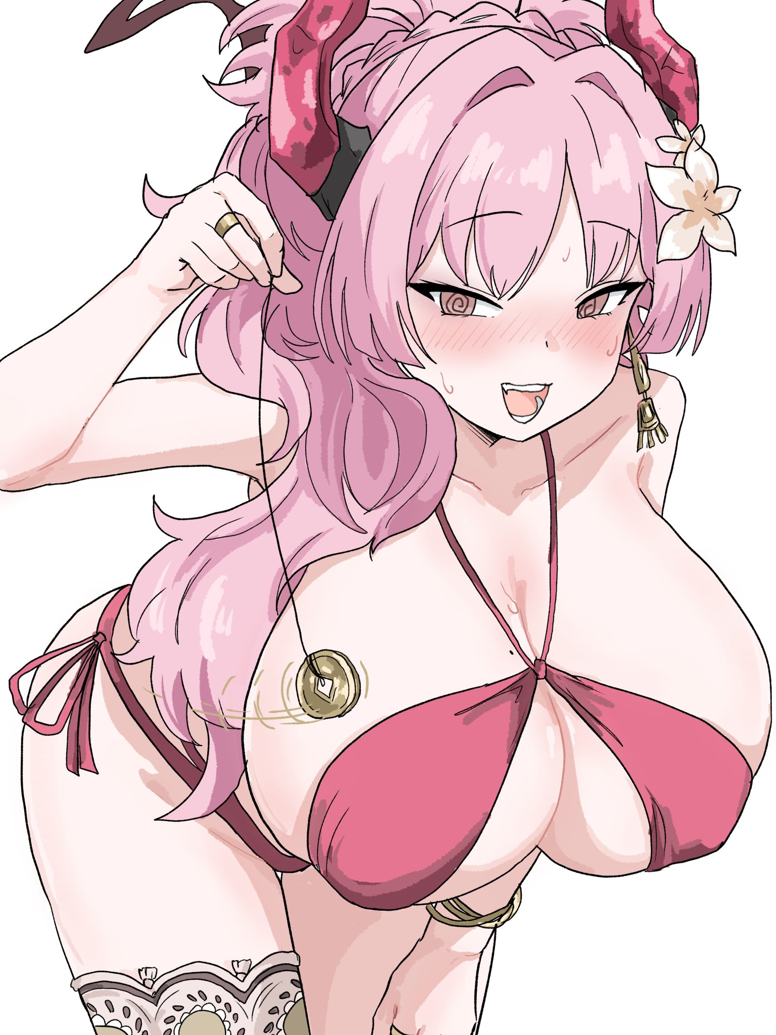 1girls, bikini, blue archive, blush, bracelet, braid, breasts, cleavage, crown braid, demon horns, female, flower, hair flower, hair ornament, hair over shoulder, halo, hand on own thigh, holding, holding pendulum, horns, huge breasts, hypnosis, jewelry, leaning forward, long hair, mind control, mole, mole on breast, open mouth, pendulum, pink eyes, pink hair, red bikini, ring, satsuki (blue archive), satsuki (swimsuit) (blue archive), side-tie bikini bottom, solo, spiral eyes, sweat, swimsuit, tachikaze miyako, thigh gap