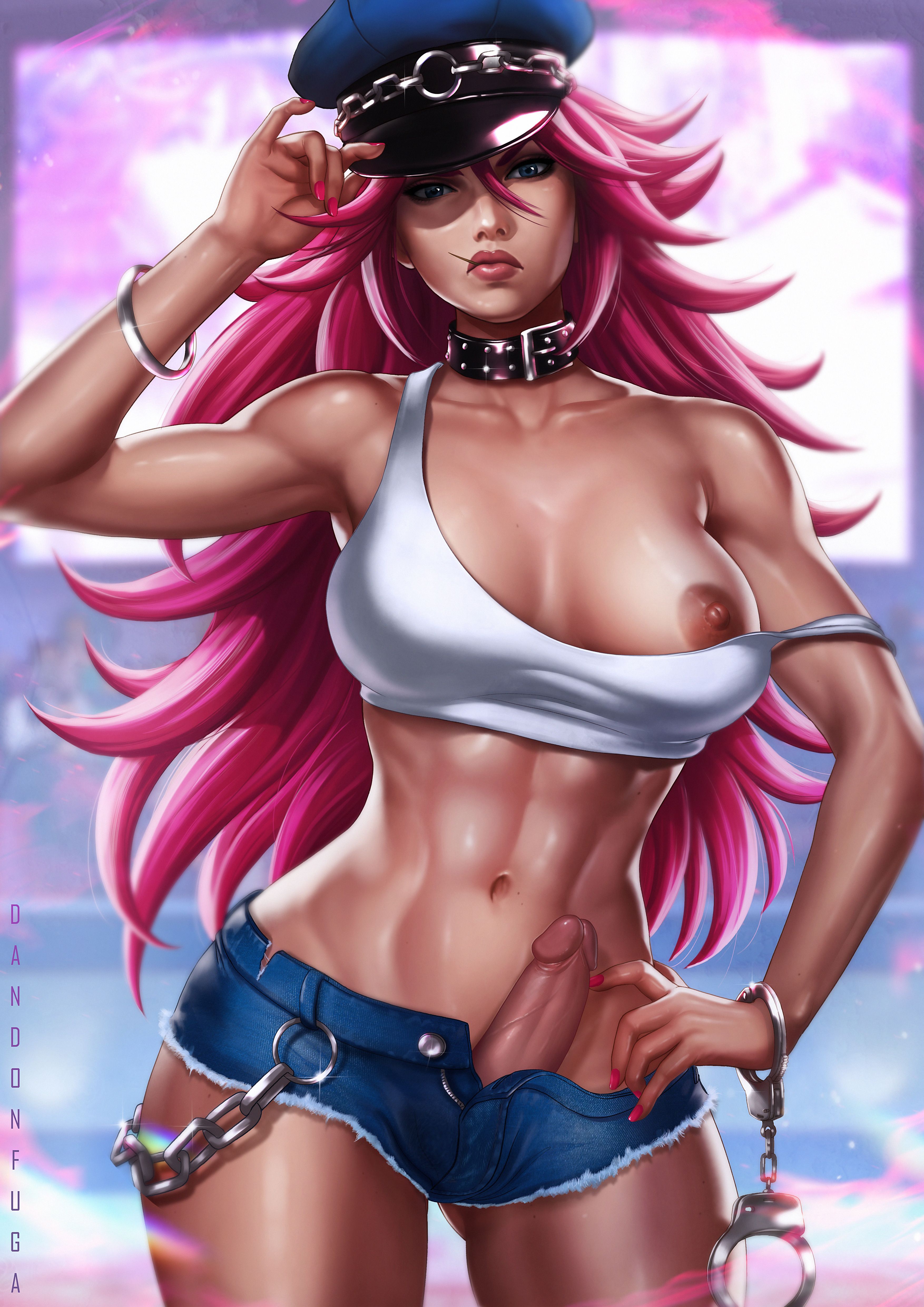 1futa, abs, areolae, balls, balls bulge, balls under clothes, blue eyes, breasts, curvy, dandon fuga, dark skin, dark-skinned futa, dickgirl, erect nipples, erection, final fight, futa only, futanari, highres, intersex, large breasts, long hair, looking at viewer, muscles, muscular, muscular futa, nail polish, nipples, penis, penis out, pink hair, poison (final fight), realistic, shorts, solo, standing, street fighter, tank top, testicles, wide hips