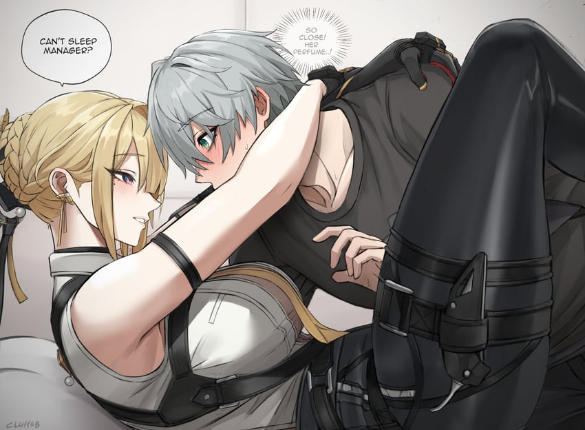 1boy, 1girl, 2d, bedroom eyes, blonde hair, cluhob, earrings, evelyn chevalier, female, green eyes, hetero, male, purple eyes, wise (zenless zone zero), zenless zone zero
