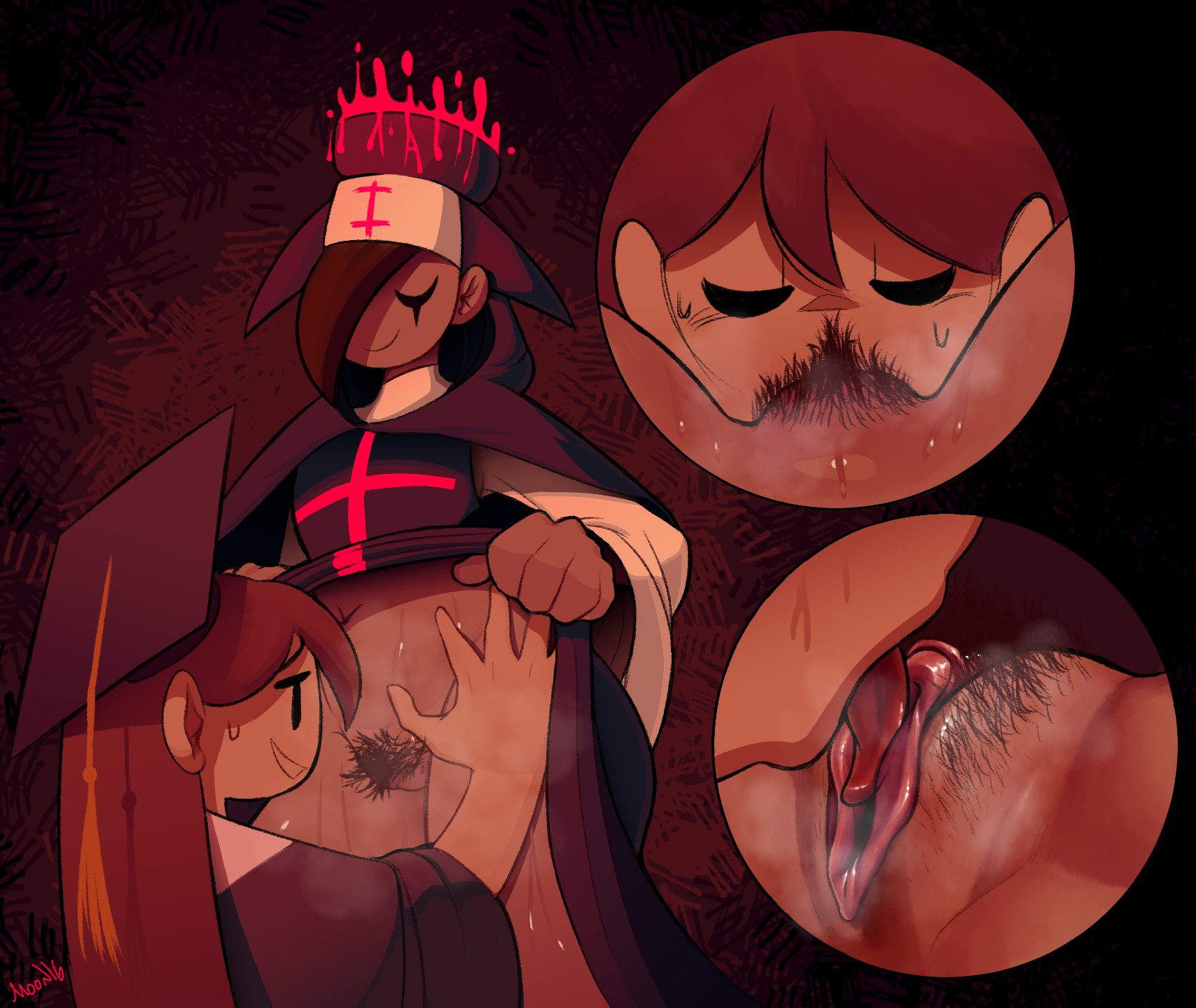 2girls, cunnilingus, dress lift, female, gown, graduation cap, lilmoonie, multiple females, multiple girls, musk, navel, oral, priestess, pubic hair, pussy, robe, smell, smelling, sniffing, steam, sweat, tagme, text, yuri