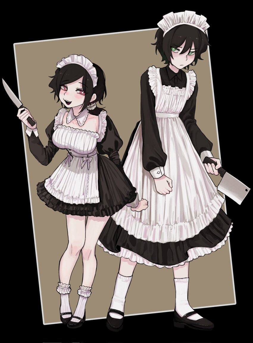 1boy, 1girl, andrew graves, apron, artist request, ashley graves, black footwear, black hair, breasts, brother, brother and sister, cleaver, detached collar, green eyes, highres, holding, holding cleaver, holding knife, knife, looking at another, maid, maid apron, maid headdress, medium breasts, pink eyes, safe, safe for work, sfw, siblings, sister, socks, the coffin of andy and leyley, trap, white socks