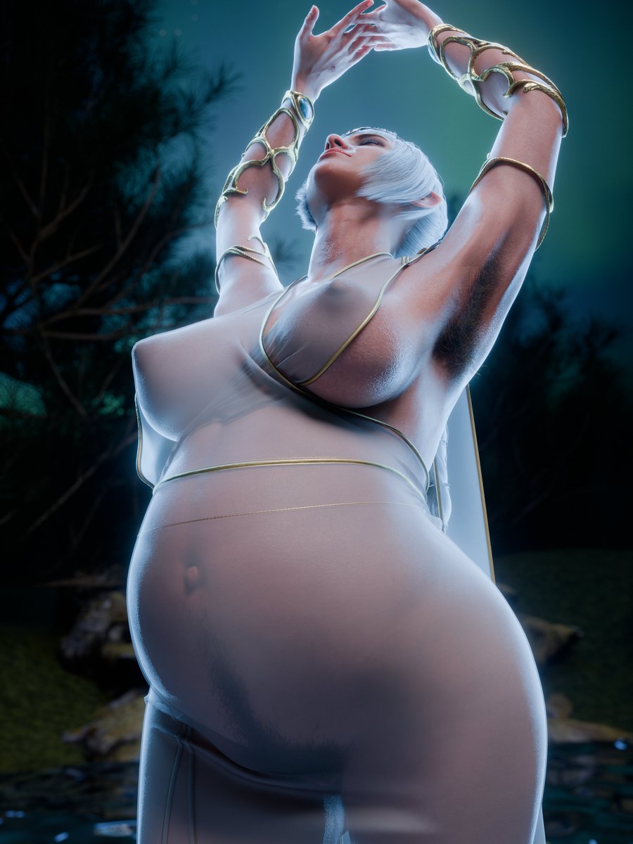 3d, armpit hair, baldur's gate 3, boobs, female armpit hair, female pubic hair, happy trail, offmodelstudio, pregnant, shadowheart, solo, stretching