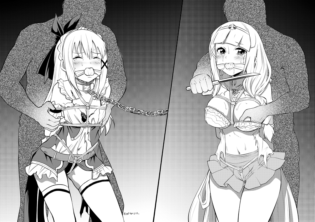 arms behind back, big breasts, blush, bondage, bound, bra, breast grab, breasts, cameltoe, closed eyes, collar, crying, embarrassed, eudetenis, female, femsub, forced exposure, gag, gagged, greyscale, groping, hand in bra, imminent rape, large breasts, leash, long hair, male, miniskirt, monochrome, multiple subs, panties, pussy, shirt, skirt, small breasts, standing, tears, thighhighs, torn clothes, torn dress, torn shirt