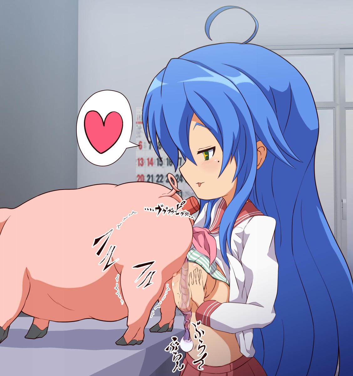 1boy 1girls blue_hair blush bra bra_lift breasts clothing cum ejaculation female green_eyes konata_izumi large_breasts lucky_star male mole mole_under_eye nipples paizuri penis pig school_uniform shirt_lift skirt striped striped_bra suid suina sus_(pig) swine underwear uwa~a zoophilia