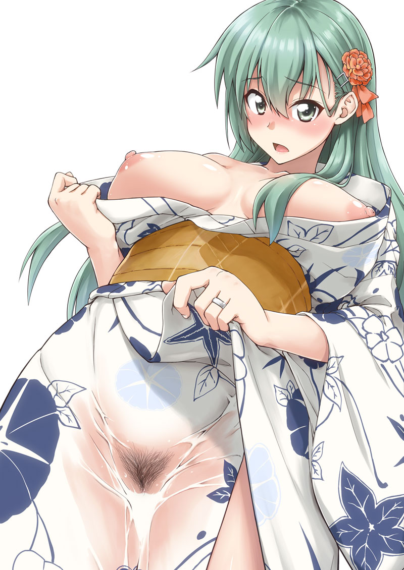 aqua_hair blush breasts breasts_out collarbone female floral_print flower from_below green_eyes hair_between_eyes hair_flower hair_ornament hairclip japanese_clothes jewelry kantai_collection kimono large_breasts long_hair looking_at_viewer mikagami_sou obi open_clothes open_mouth pubic_hair pussy ring sash see-through simple_background solo suzuya_(kantai_collection) upper_body wedding_band wet white_background white_kimono wide_sleeves yellow_sash