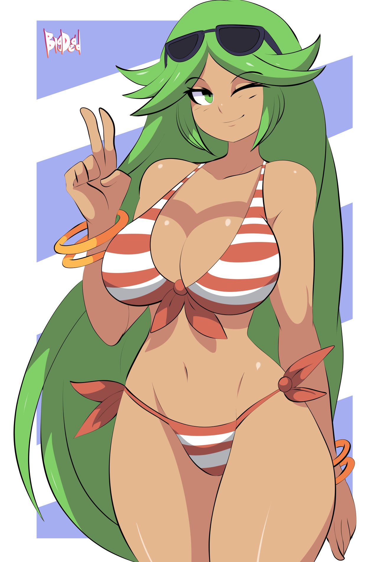 1girls, big breasts, bigdeadalive, bikini, bracelet, breasts, cleavage, clothed, clothed female, dark skin, female, female focus, female only, fully clothed, green eyes, green hair, kid icarus, large breasts, long hair, midriff, milf, navel, nintendo, palutena, photo, signature, simple background, smile, solo, solo female, sunglasses on head, super smash bros., swimsuit, tanned skin, v, very long hair, watermark, wink