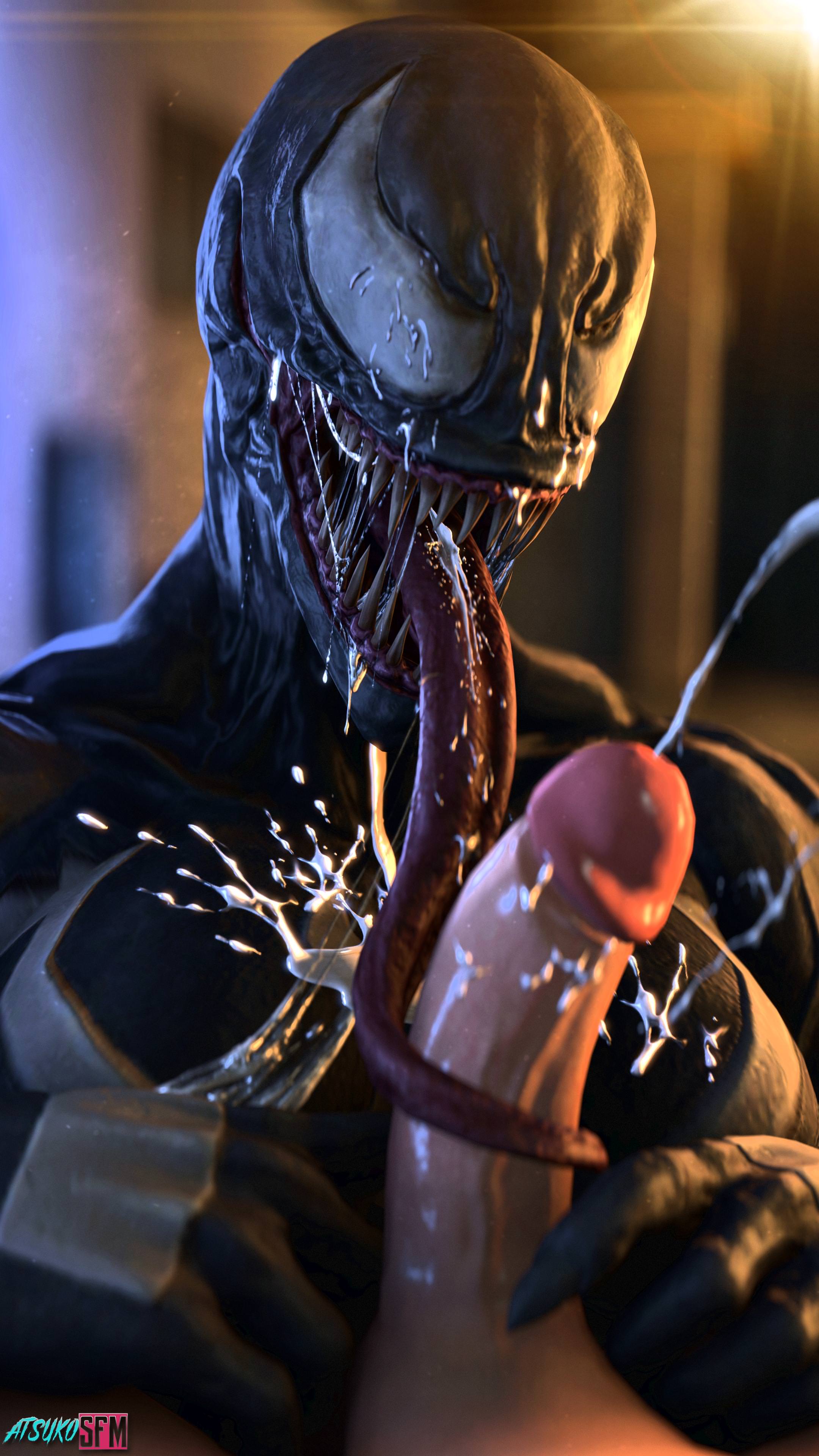 1boy, 3d, artist name, atsuko (artist), breasts, cum, cum in mouth, cum on breasts, cum on face, cumshot, female, large penis, long tongue, male, marvel, marvel comics, muscles, muscular, penis, saliva, sharp claws, sharp teeth, she-venom, spider-man (series), symbiote, tongue, tonguejob, venom, venom (marvel)