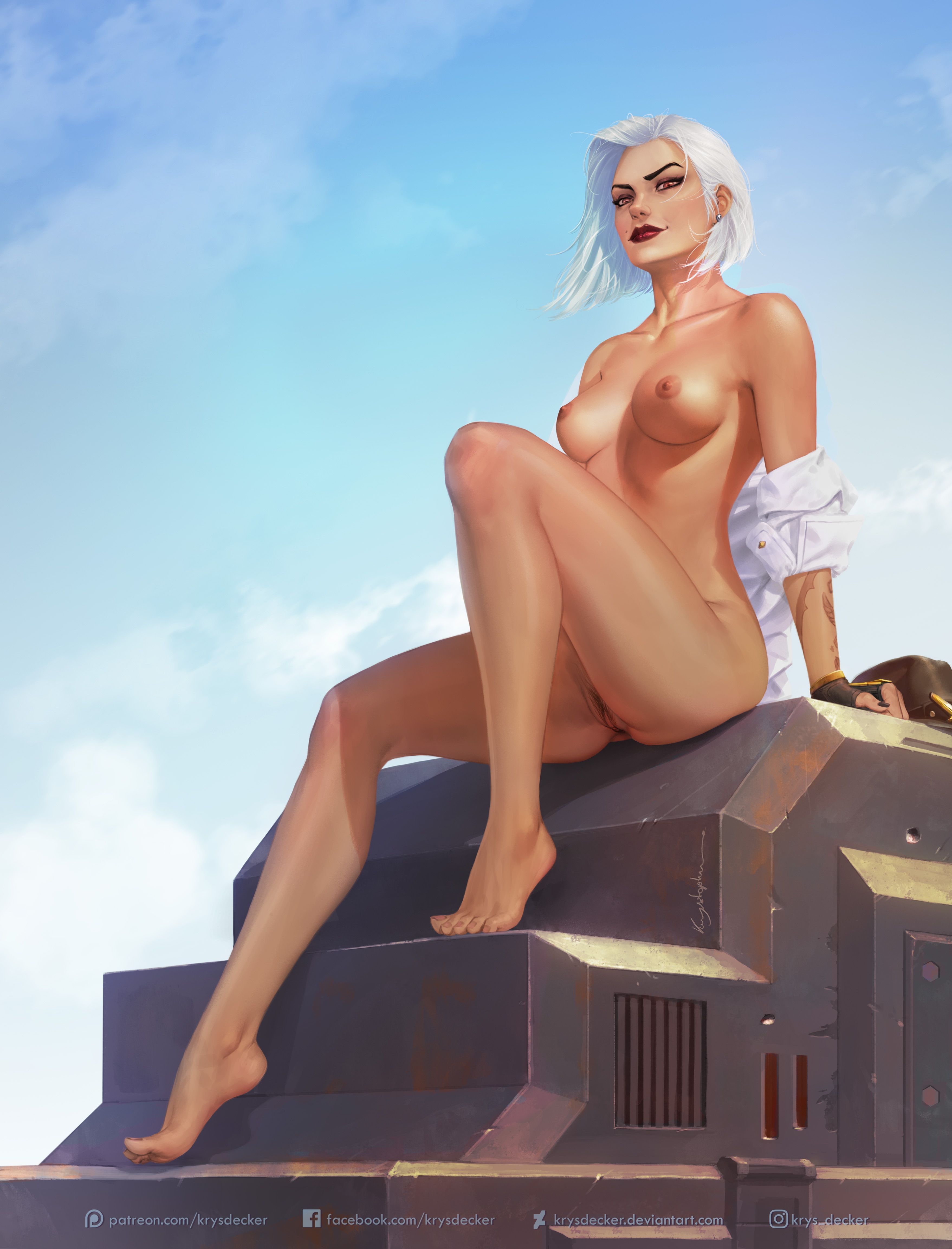 1girls, 2d, areolae, artist signature, ashe (overwatch), barefoot, blizzard entertainment, breasts, casual, ear piercing, feet, female, fingerless gloves, handwear, headwear, human, krysdecker, legs, light skin, light-skinned female, lipstick, nail polish, nipples, nude, nude female, overwatch, pale skin, pubic hair, pussy, red eyes, red lipstick, sitting, sky, solo, solo female, tagme, tattoo, tits, toes, version without pubic hair available, white hair