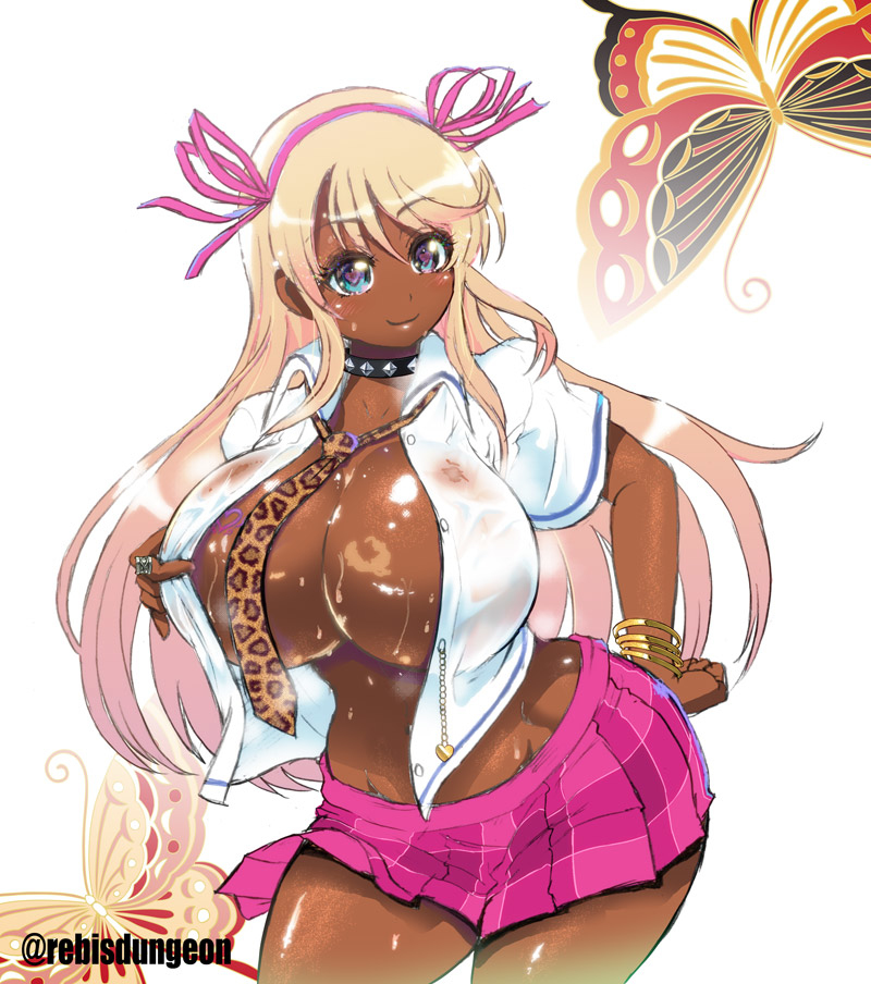 1girls big_breasts bimbo blonde_hair blue_eyes bracelet bracelets breasts curvy dark-skinned_female dark_skin female female_only gyaru heart-shaped_pupils katsuragi_(senran_kagura) kuro_gyaru large_breasts large_hips long_hair looking_at_viewer necktie rebis ring senran_kagura skirt solo spiked_collar tie unbuttoned_shirt