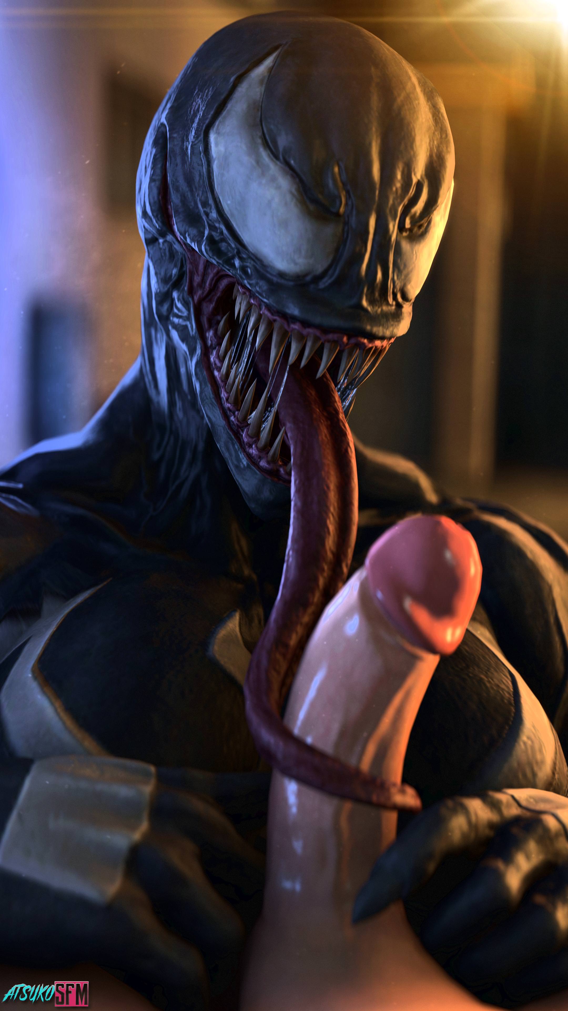 1boy, 3d, artist name, atsuko (artist), big penis, breasts, female, long tongue, male, marvel, marvel comics, muscles, muscular, penis, saliva, sharp claws, sharp teeth, she-venom, spider-man (series), symbiote, tongue, tonguejob, venom, venom (marvel)