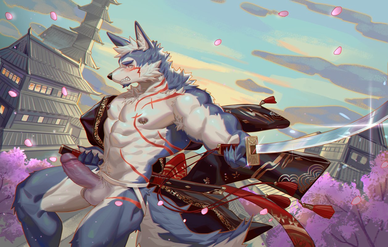 anthro balls canine erection frde kemono male male_only mammal melee_weapon muscular nipples penis seth_(artist) solo sword uncensored weapon wolf