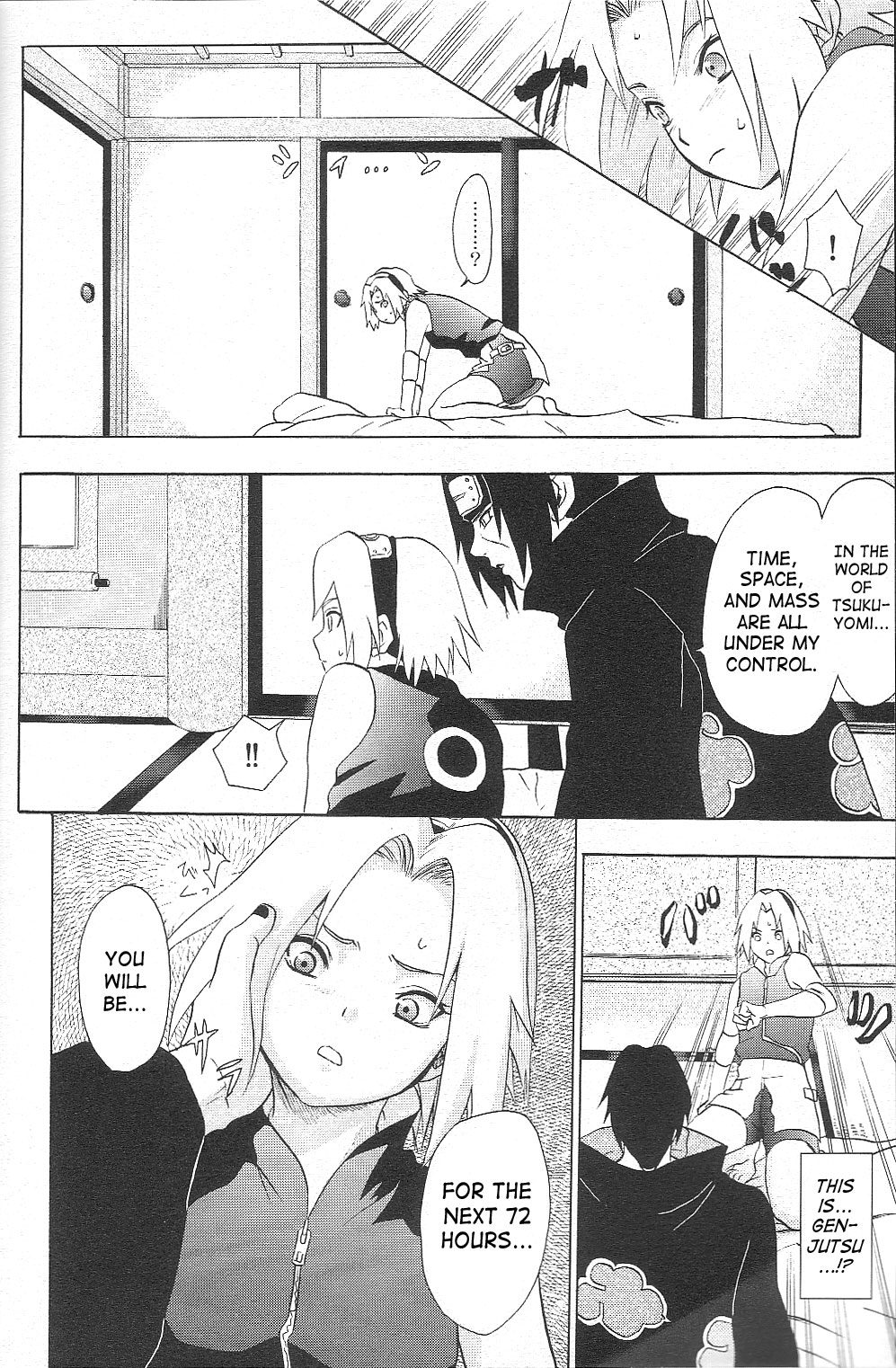 akatsuki akatsuki_(naruto) comic dialogue doujinshi english_text female grabbing headband human koala_machine kuroageha male naruto naruto_shippuden ninja sakura_haruno sex text uchiha_itachi